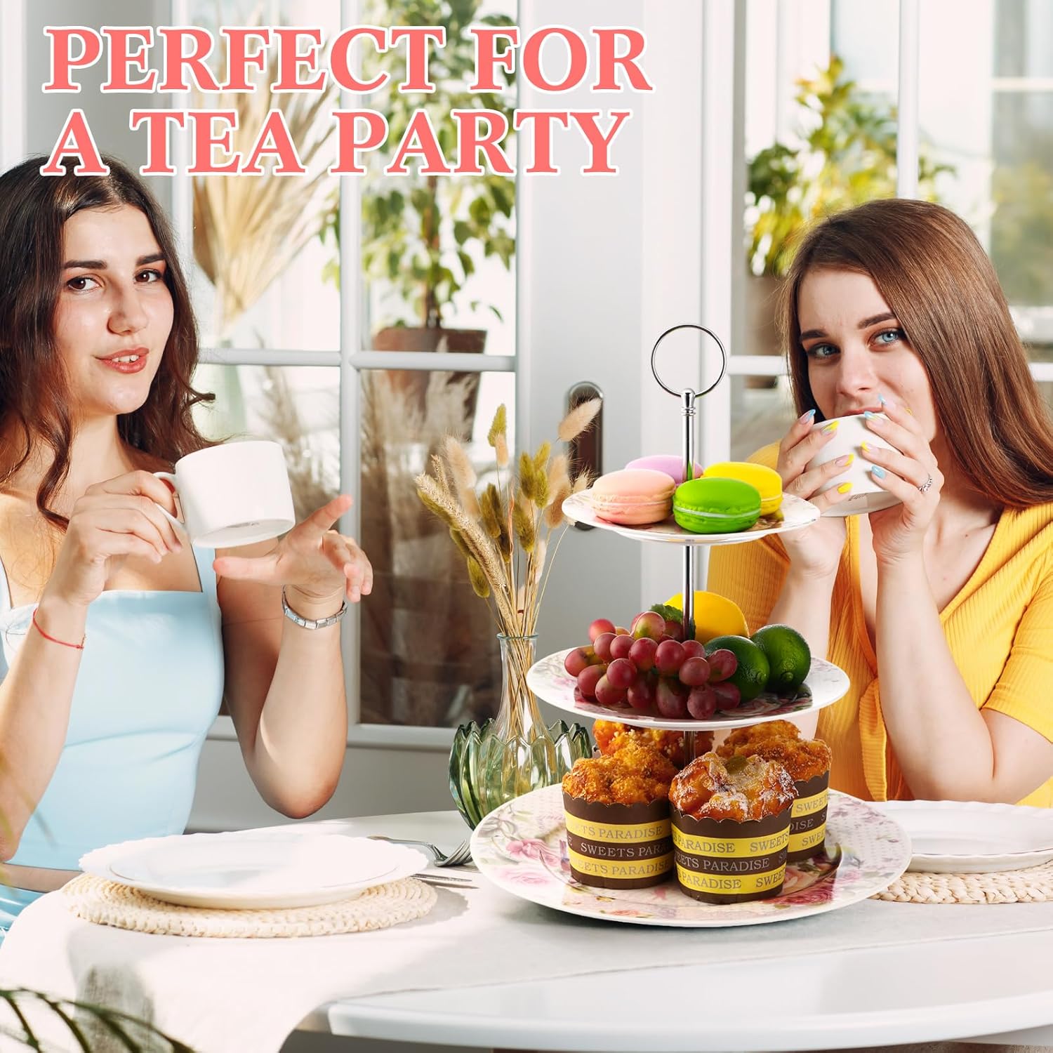 Dandat 4 Pcs 3 Tier Cake Stand Floral Ceramic Afternoon Serving Tray Porcelain Dessert Stand 6" 8" 10" Cake Stand 3 Tier Serving Platter for Tea Party, Wedding and Birthday, 4 Colors