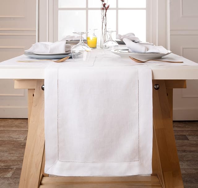 D'Moksha Homes Christmas Table Runner 100% Pure Linen Hemstitch Table Runners, Machine Washable- Thanksgiving, Xmas Holidays, Festive Decoration, Halloween, Great Gift 14 X 36 Inch Snowy White