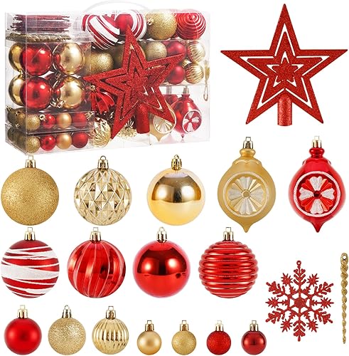 Miniatura 1 de Juego de 100 esferas decorativas para árbol de Navidad con parte superior, rojo y dorado, inastillables, decoración para árbol de Navidad