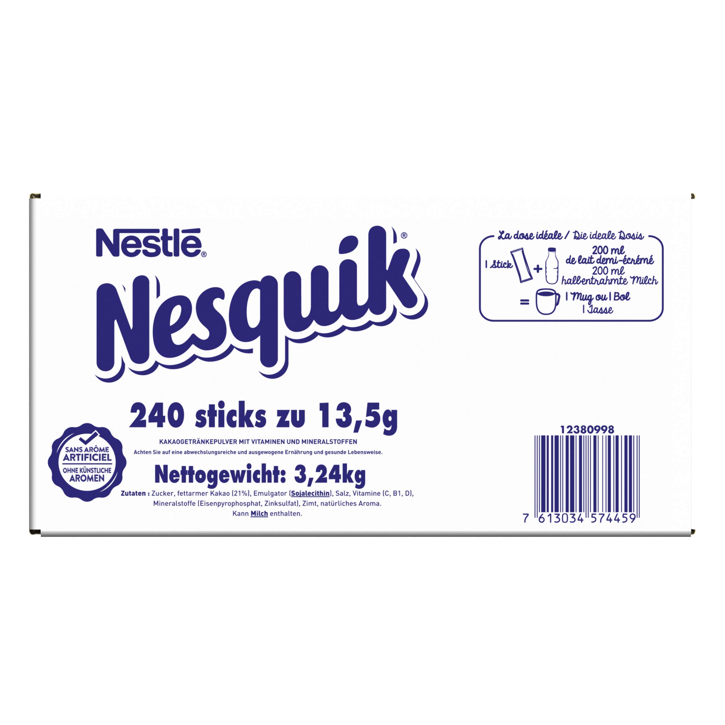 NESQUIK Sticks Chocolat en Poudre - Dose Individuelle 13,5g - Cacao en Poudre à Mélanger avec du Lait - Préparation Instantanée pour le Petit Déjeuner - Carton de 240 Dosettes de 13,5g