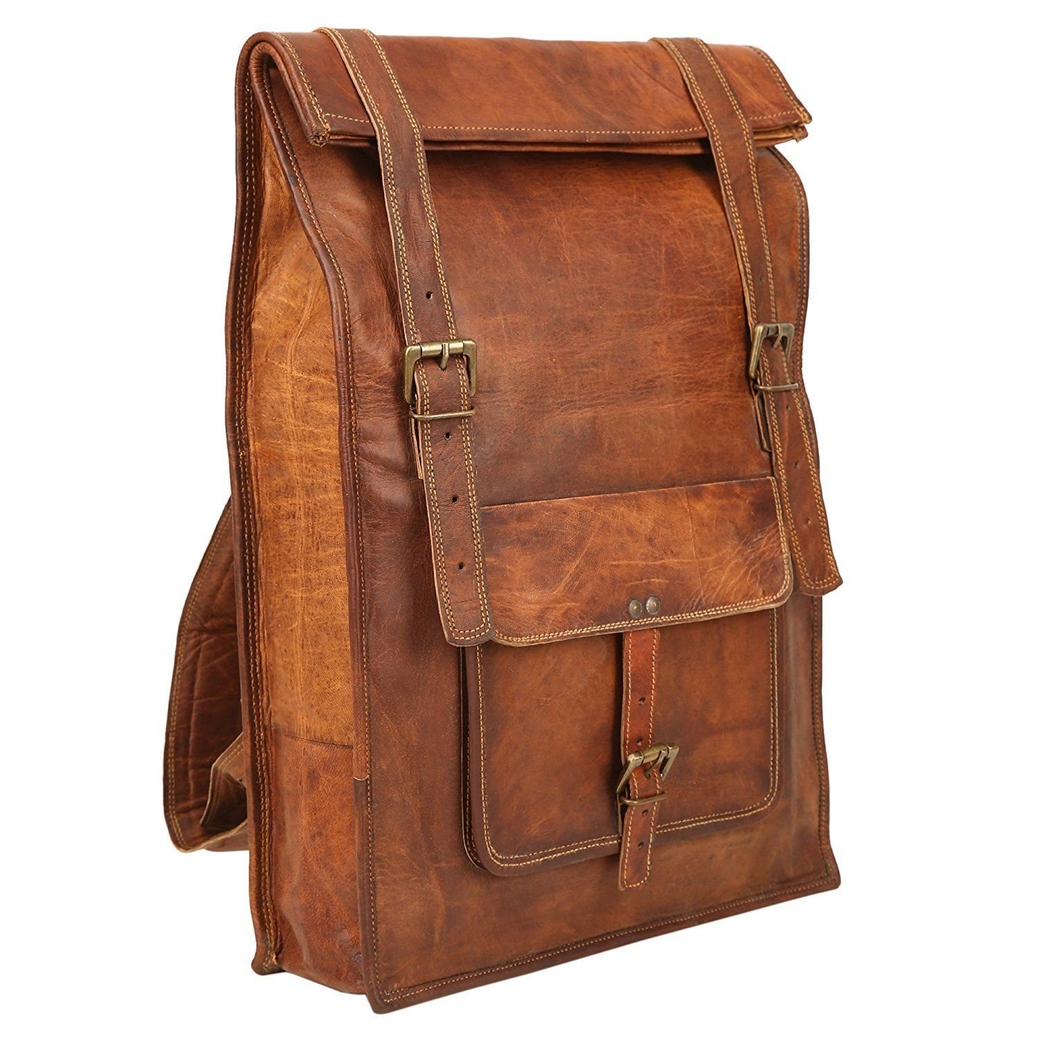 Real Leather Large Backpack Rucksack Briefcase Travel Bag Handmade (Hard Brown)-image-19