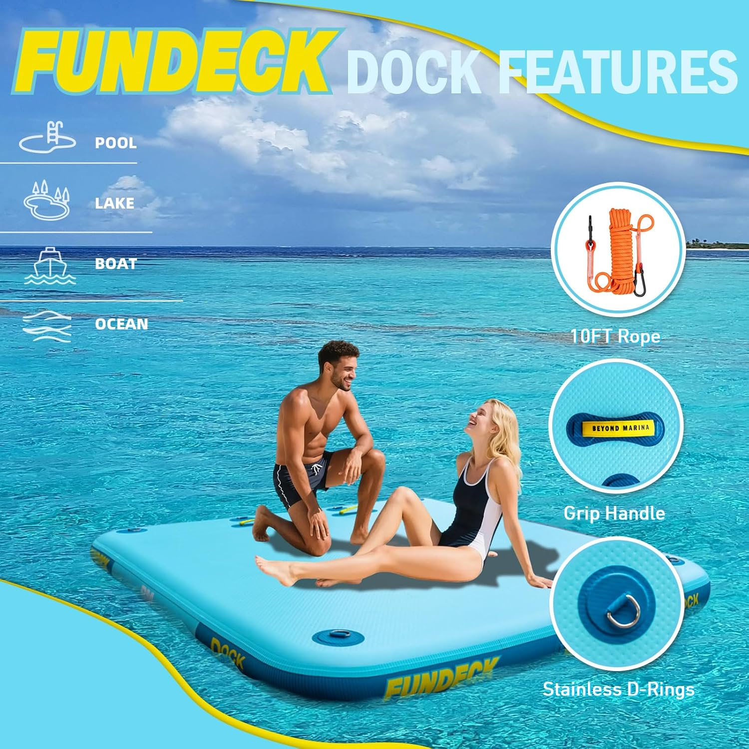 BEYOND MARINA Inflatable Floating Dock – Swim Platform, Floating Deck Raft Mat for Lake, Pool, Beach, Ocean – Non-Slip Surface – BM Fundeck