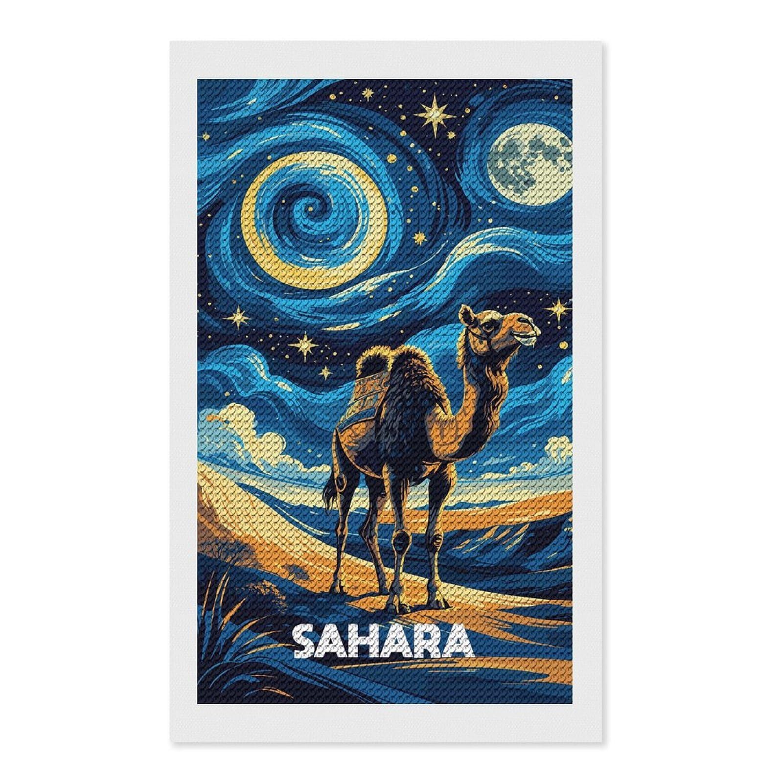 Junmoney Sahara Desert Camel Night Art Diamond Painting Canvas Kit 12"x20", Round Gems, Living Room Decor, Seasonal Gift Choice, Modern Decor
