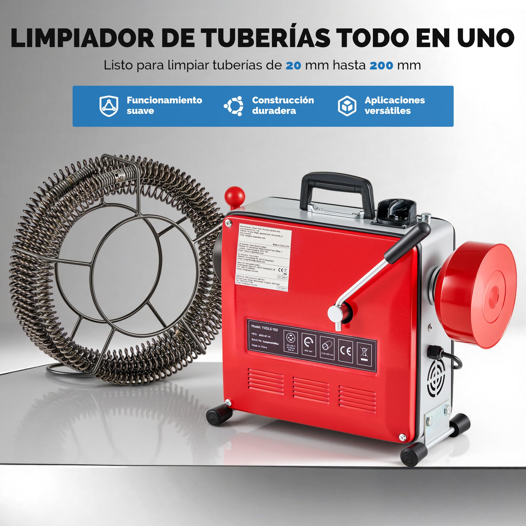 ZELCAN 850W Desatascador de Tuberías Eléctrico Profesional 450r/min Máquina de Limpieza de Desagües Electrico con Espirales para Tubos 20mm a 200mm