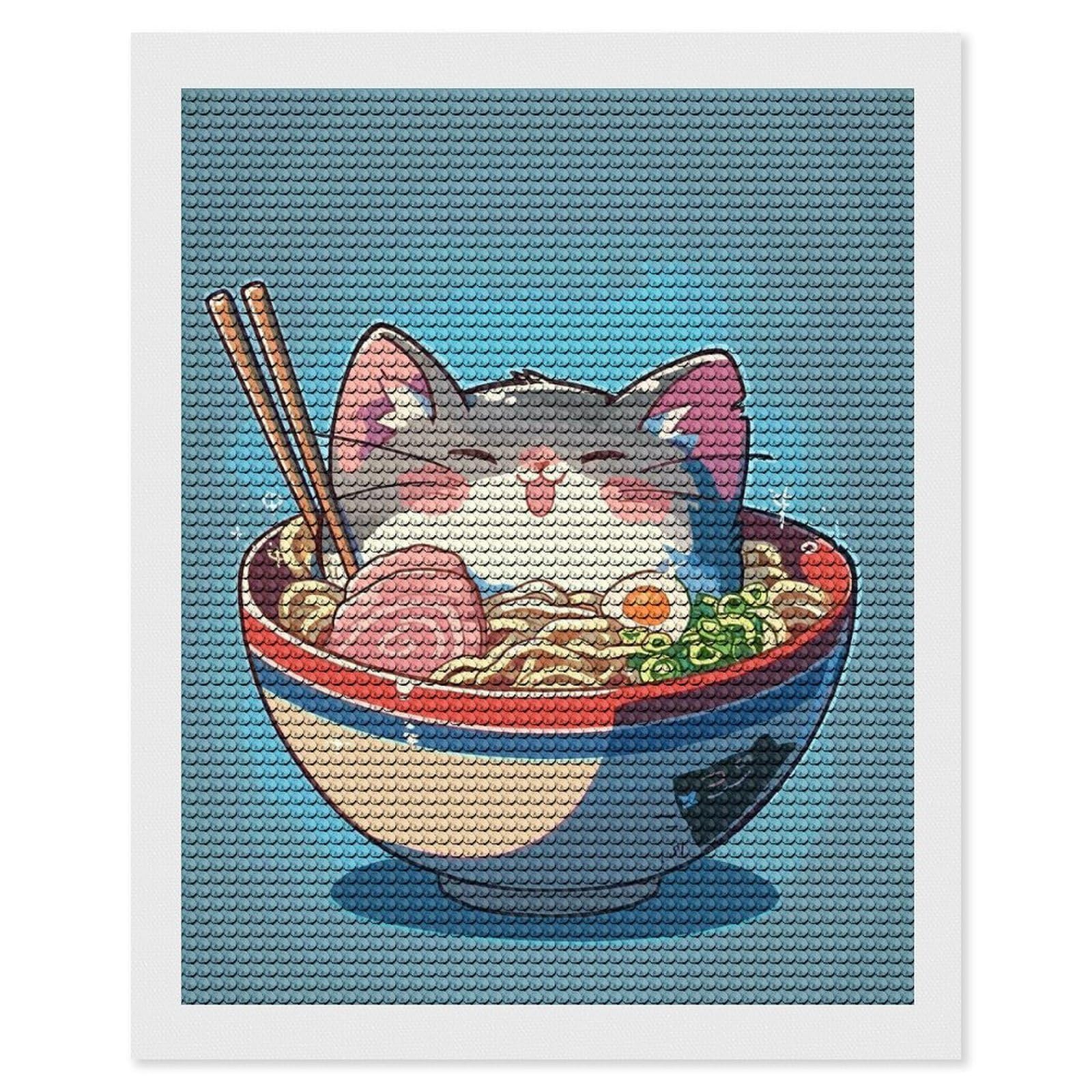 Junmoney Anime Ramen Noodle Cat Crystal Diamond Art Kit 16"x20", Stress Relief Craft, Decorative Artwork, Vintage Style Decor, Birthday Gift