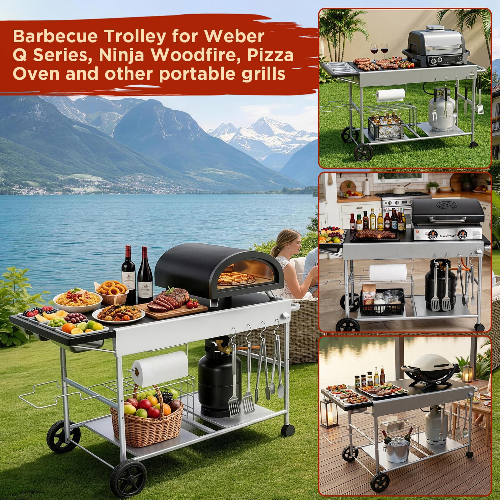 Denmay 128 x 66 x 78 cm carro de barbacoa para Weber Q Serie, Ninja Woodfire, horno de pizza, parrilla de mesa, horno para pizza, carrito de servir con gran superficie de trabajo, mesa de barbacoa al