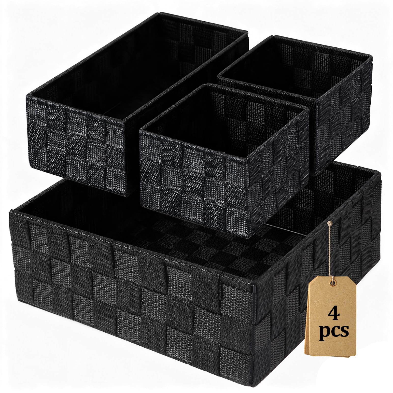 Set di 4 Organizzatori Impilabili in Rattan Sintetico Nero – Cestini Portaoggetti Senza Coperchio per Cucina, Bagno, Soggiorno e Camera | Pratici, Eleganti e Multifunzionali