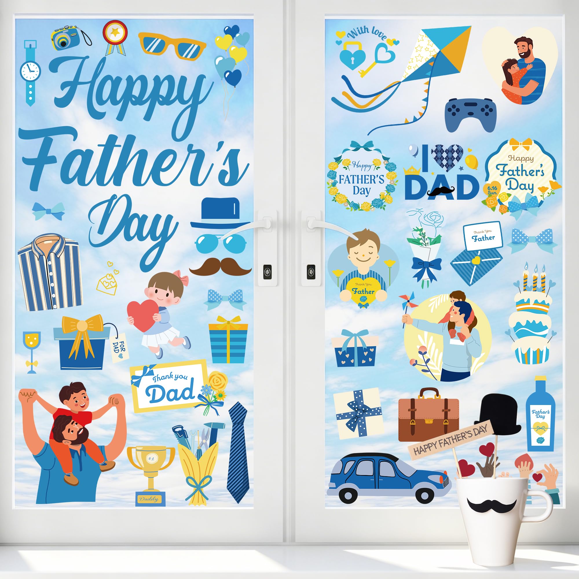 77 PCS Fathers Day Window Clings, 9 Sheets Blue Fathers Day Decorations, Double-Sided Dad Stickers for Glass Windows with Hearts Roses Patterns, Dad Decorations for Home Store Birthday Party