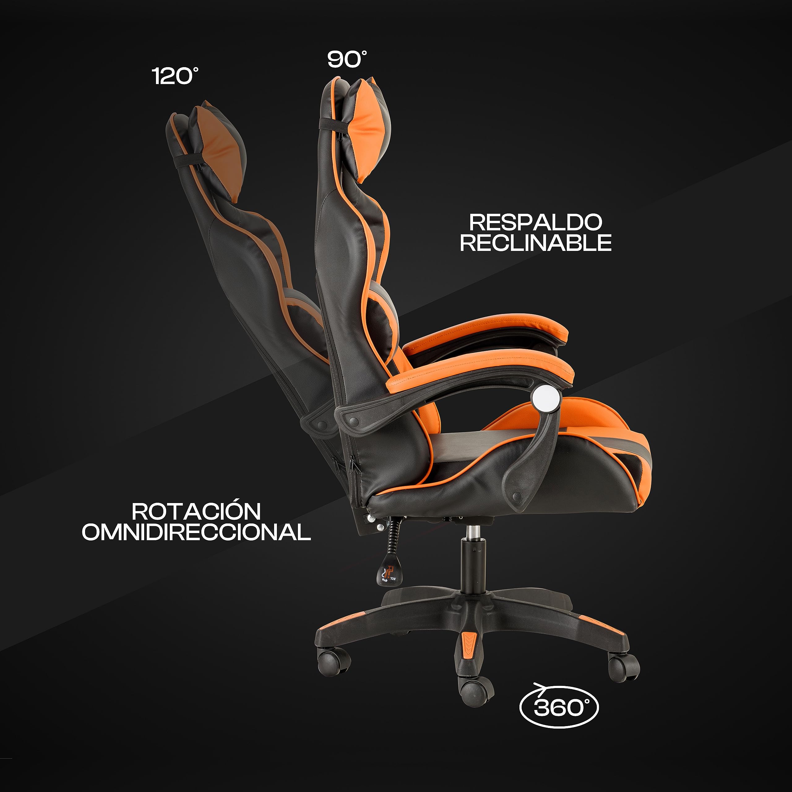 Baroni Home Silla De Gaming, Silla Ergonómica de Oficina con Respaldo Regulable de 90° a 120°, con Reposacabezas, reposabrazos y Soporte Lumbar. Rotación omnidireccional de 360° (Naranja)