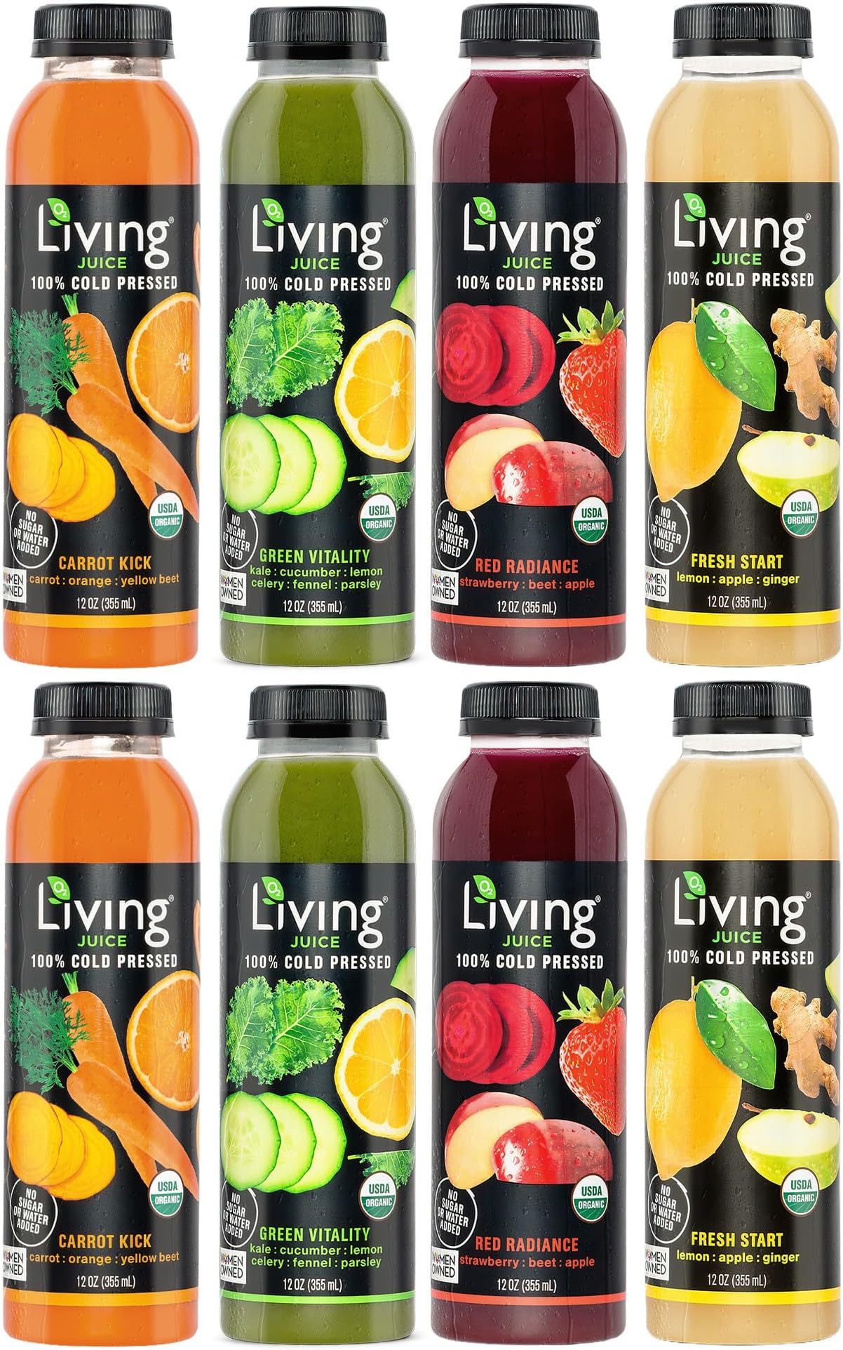 O2 Living Juice Cold Pressed Drink - 1-Day Organic Juice Cleanse Pack - No Added Sugars or Water, Natural Sweetness from Fruits, Rich in Nutrients & Vitamins - Refreshing & Non-GMO - 8 Pack, 12 fl oz