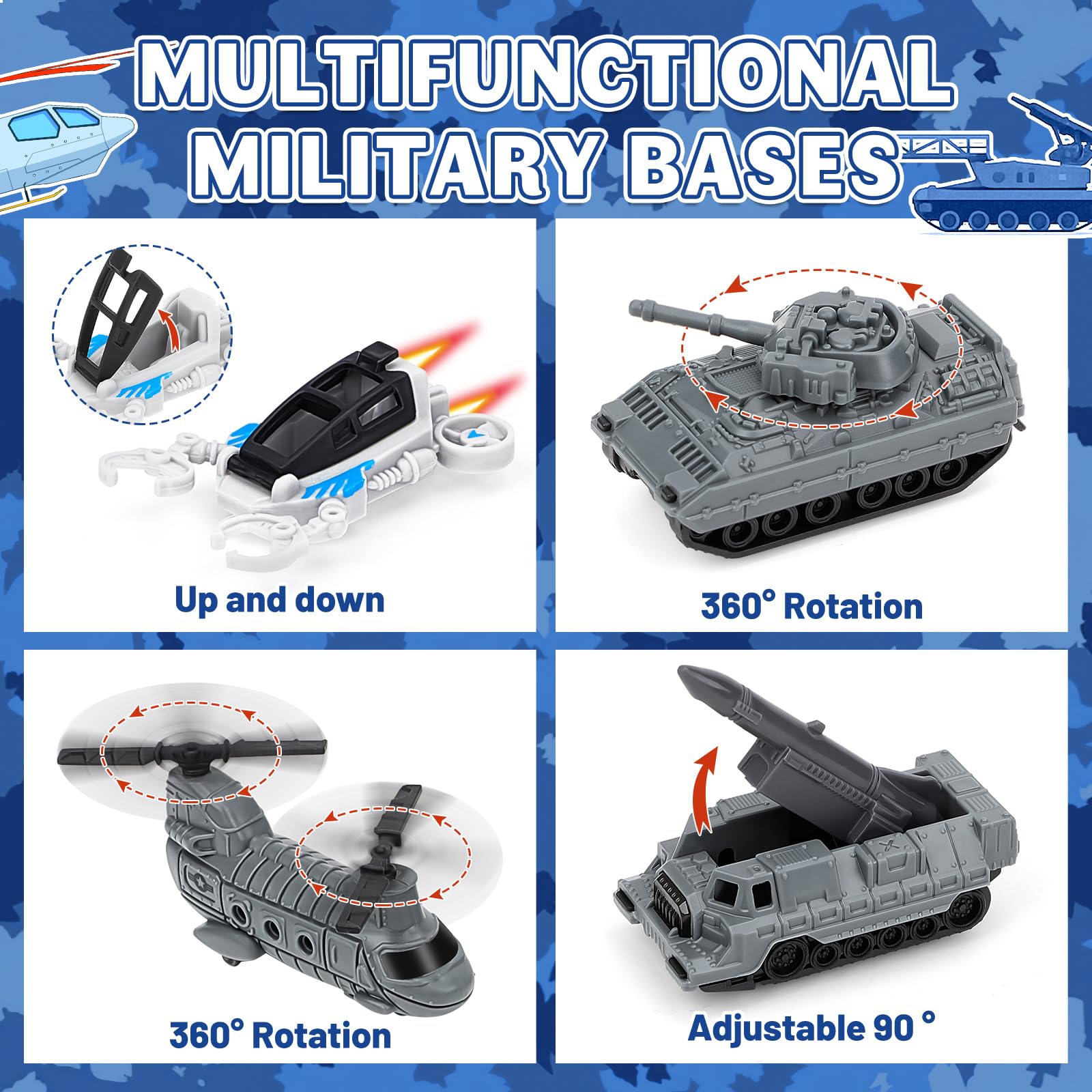deAO Set di Giocattoli Militari, con Veicolo Militare, Accessori per Armi, Parcheggio, Aereo, Accessori per Veicoli e Mappa di Gioco, Fantastico Giocattolo Militare per Bambini di 3, 4 e 5 Anni