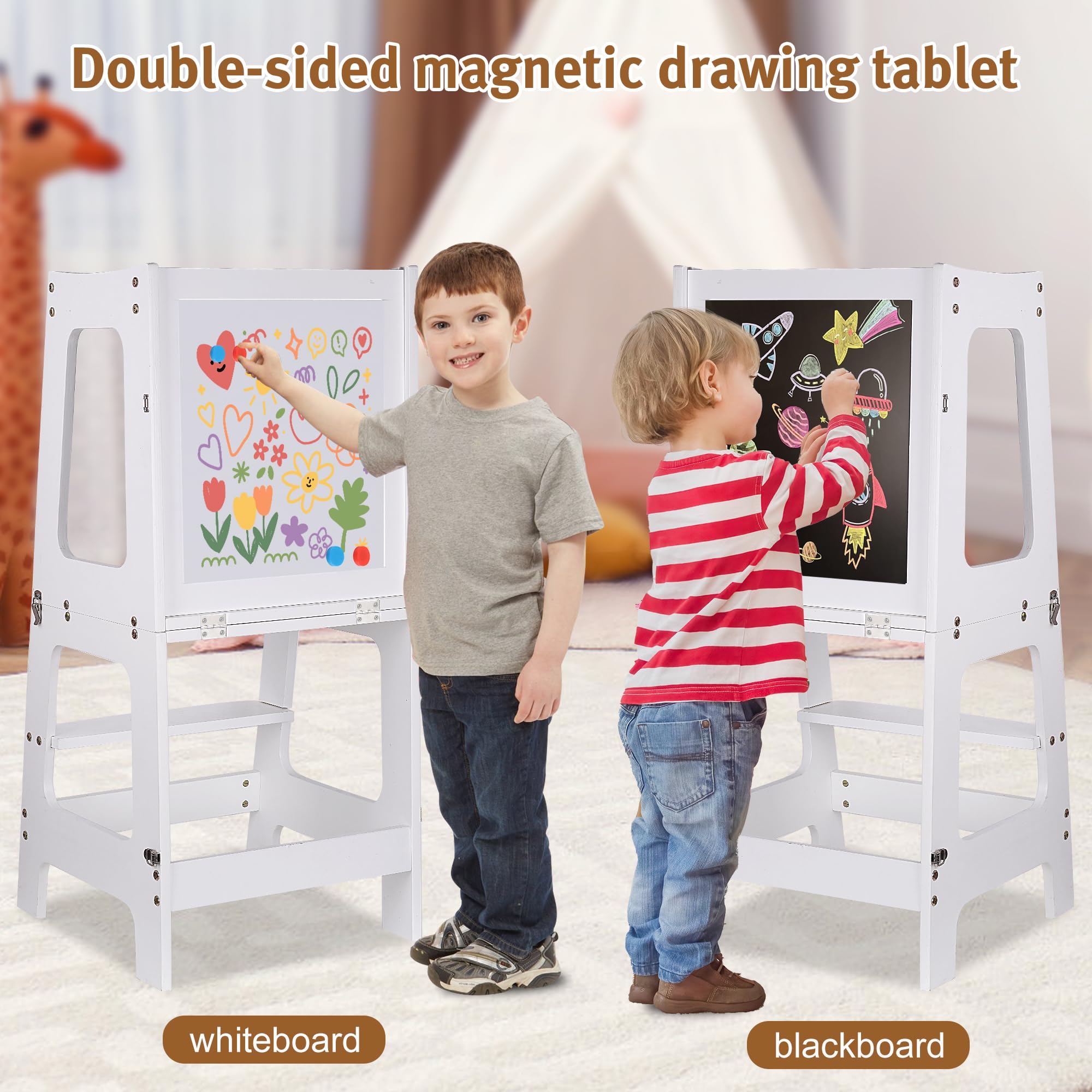 Torre de Aprendizaje Plegable 2 en 1, Madera Natural con Pizarra, Ayudante de baño y Cocina, Silla Multifuncional Segura para niños, Juego de rotuladores niños