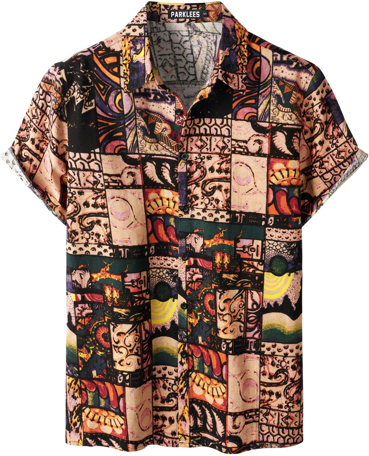 PARKLEESMen's Cotton Linen Vintage Pattern Printed Old Style Shirt Casual Short Sleeve Button Down Retro Shirts