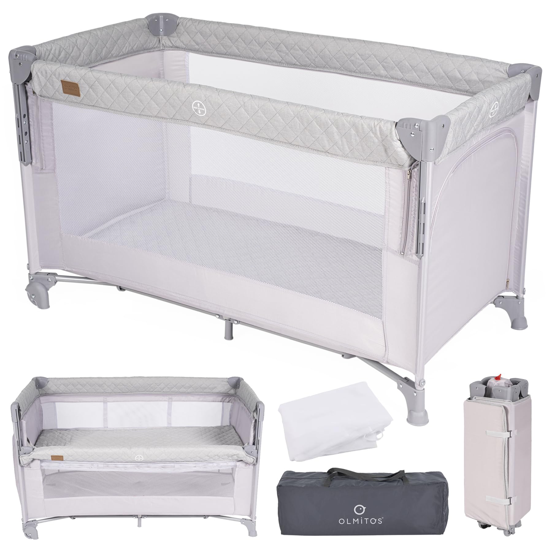 Olmitos - Cuna de Viaje Colecho 3 en 1 Trend Cun con Mosquitera 0-3 años (0-15kg) Plegable, Ligera, Doble Altura, Lateral Abatible, Parque de Juegos y Bolsa de Transporte (Gris Claro)