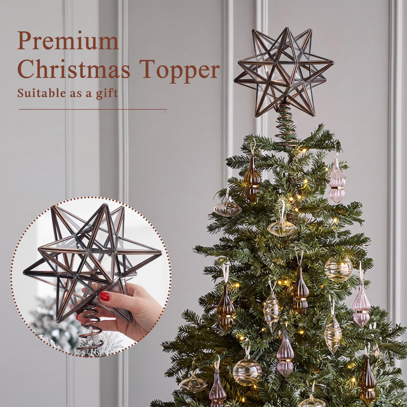 Gejoy 20 cm Weihnachtsbaumspitze aus Glas, mährischer Stern, Baumkrone, Ornament für Baum, Zuhause, Bauernhaus, Urlaub, Party-Dekorationen