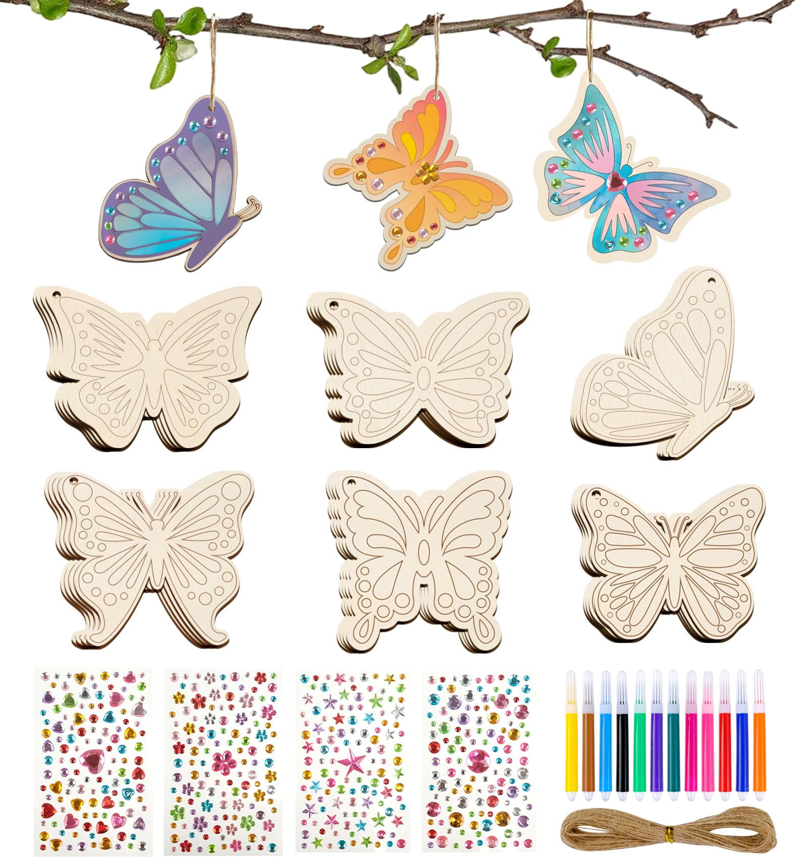 ARTREE Kinder Bastelset Ostern Schmetterlinge zum Bemalen – 24 Holz Anhänger DIY Set, Kreativset für Kinder, Osterdeko, Frühlingsbasteln & Bastelidee für Geburtstag