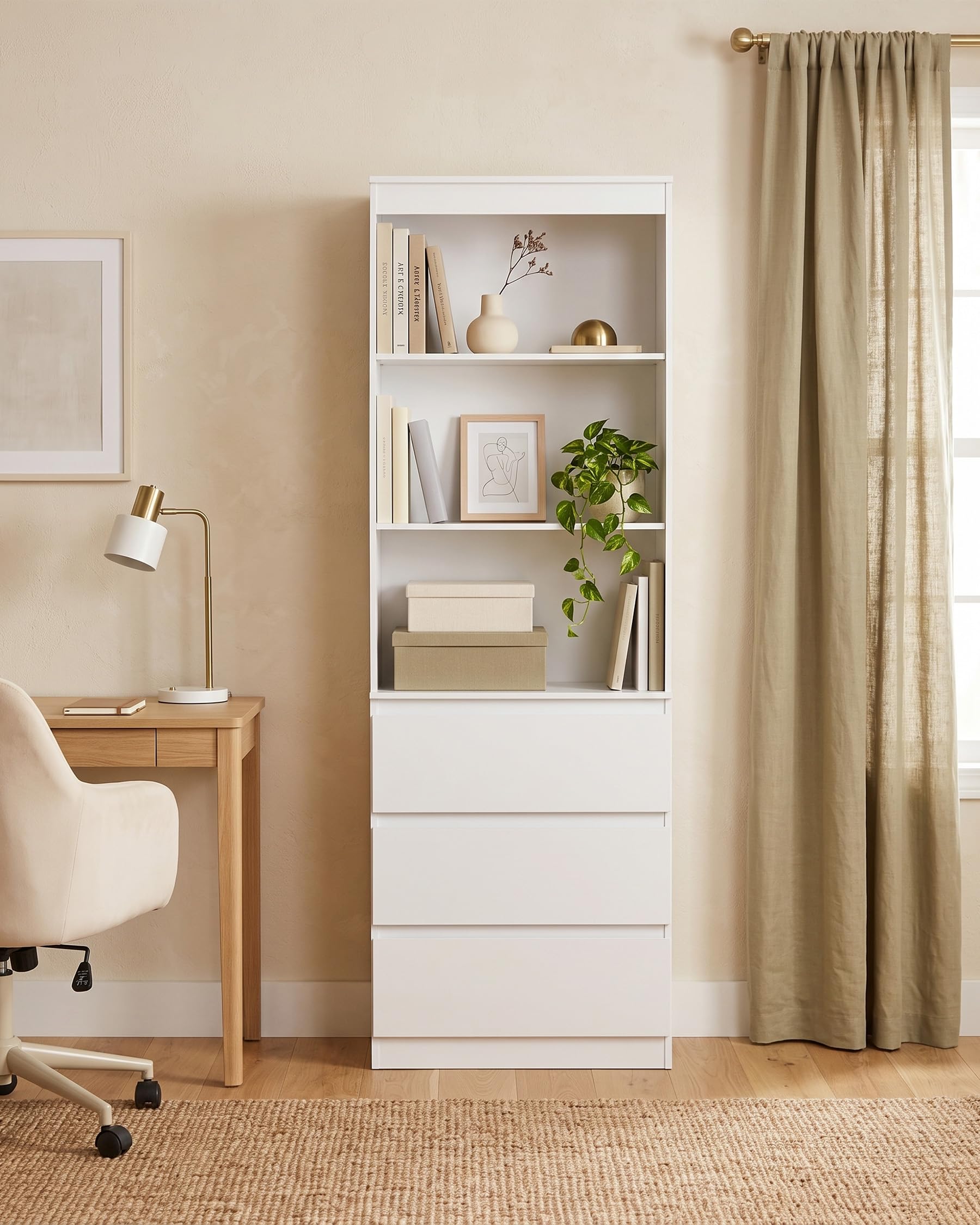 Estantería Libros Blanca con Cajones 60x32x180cm Libreria Alta para Salón Oficina Dormitorio Almacenaje Mueble Blanco