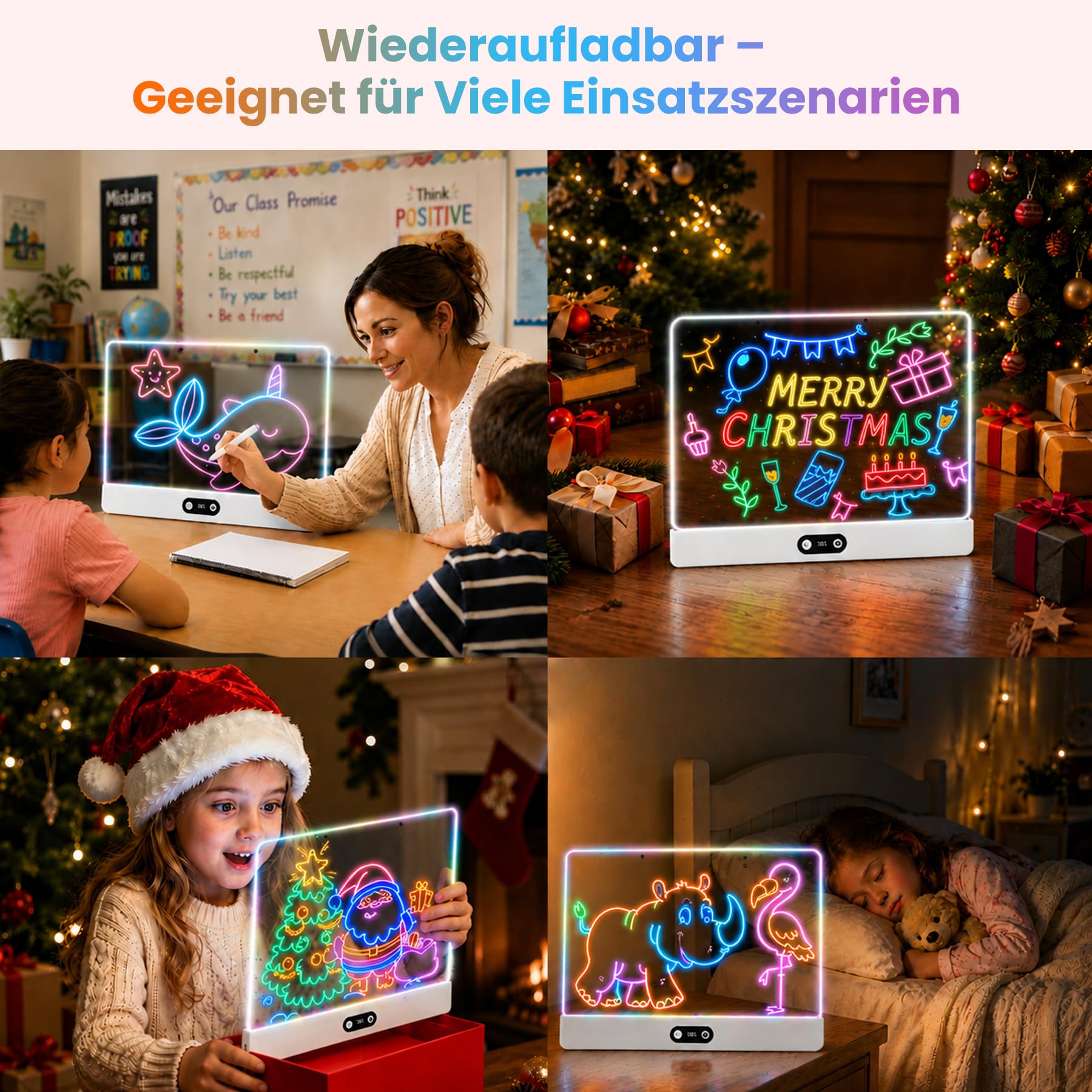 sylvwin LED Zeichenbrett Kinder – Neon Leuchtboard 35×26cm, 8 Farben & 3 Lichtmodi, LED Maltafel Wiederaufladbar, Kreatives Geschenk für Mädchen Teenager ab 6 Jahren Weiß