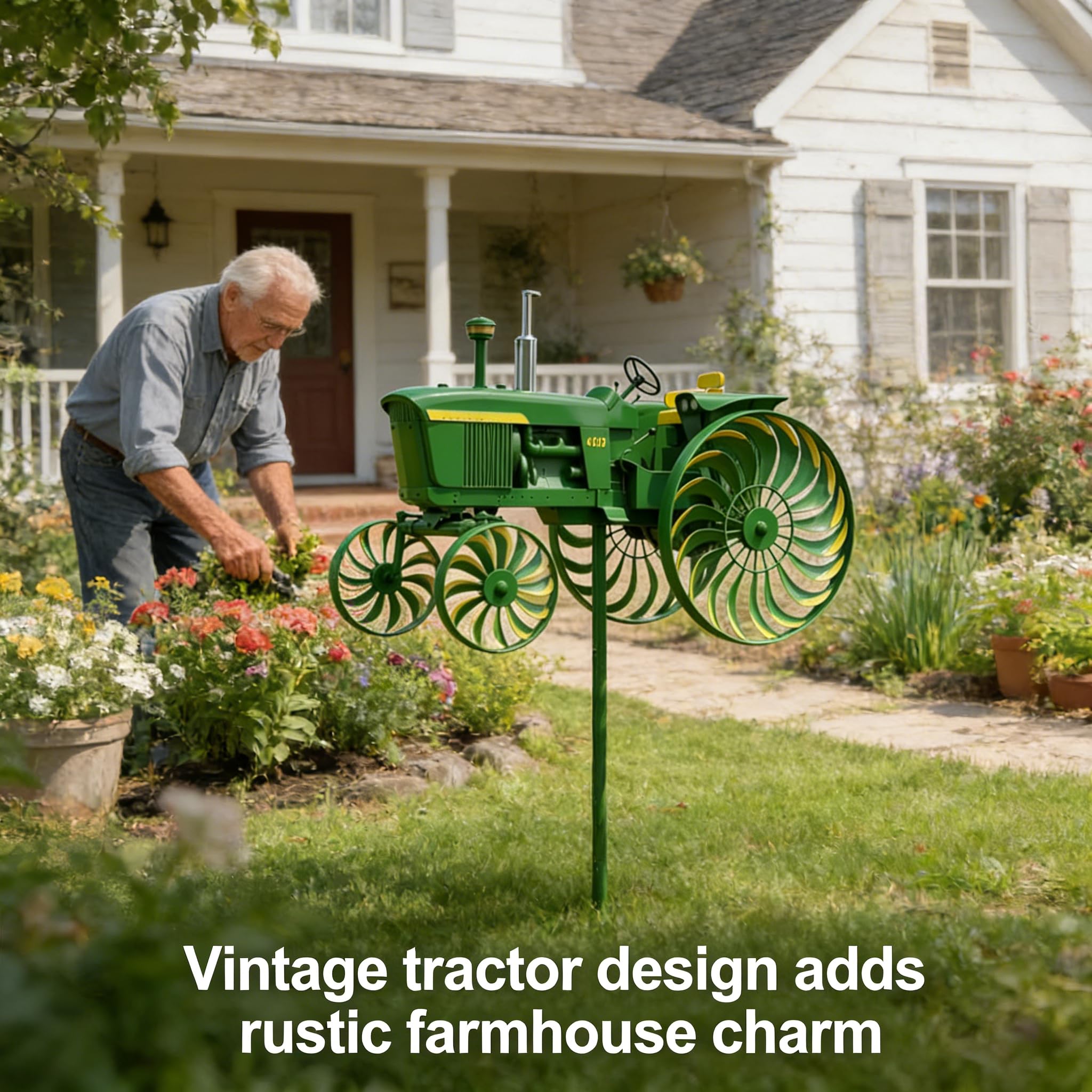 Garden Wind Spinner, Green Tractor Windmill Stake with Rotating Wheels, Outdoor Yard Sculpture Decor Ornament Gift for Friends Family (Green) — view 6