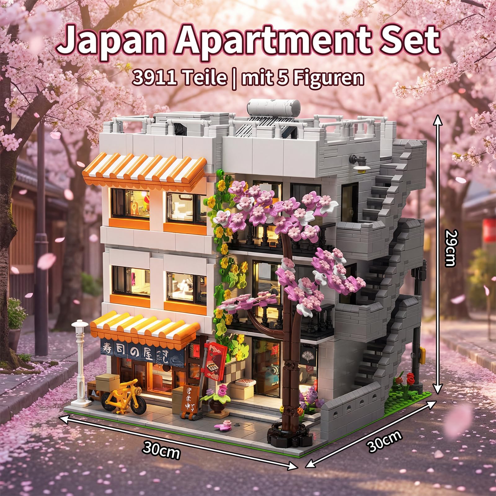 Klemmbausteine Japan Haus mit Licht & 5 Figuren - 3911 Teile Japanische Apartment & Sushi Haus Modular Building, Architektur Bausteine Set mit Kirschblüten für Erwachsene Youmko YM003