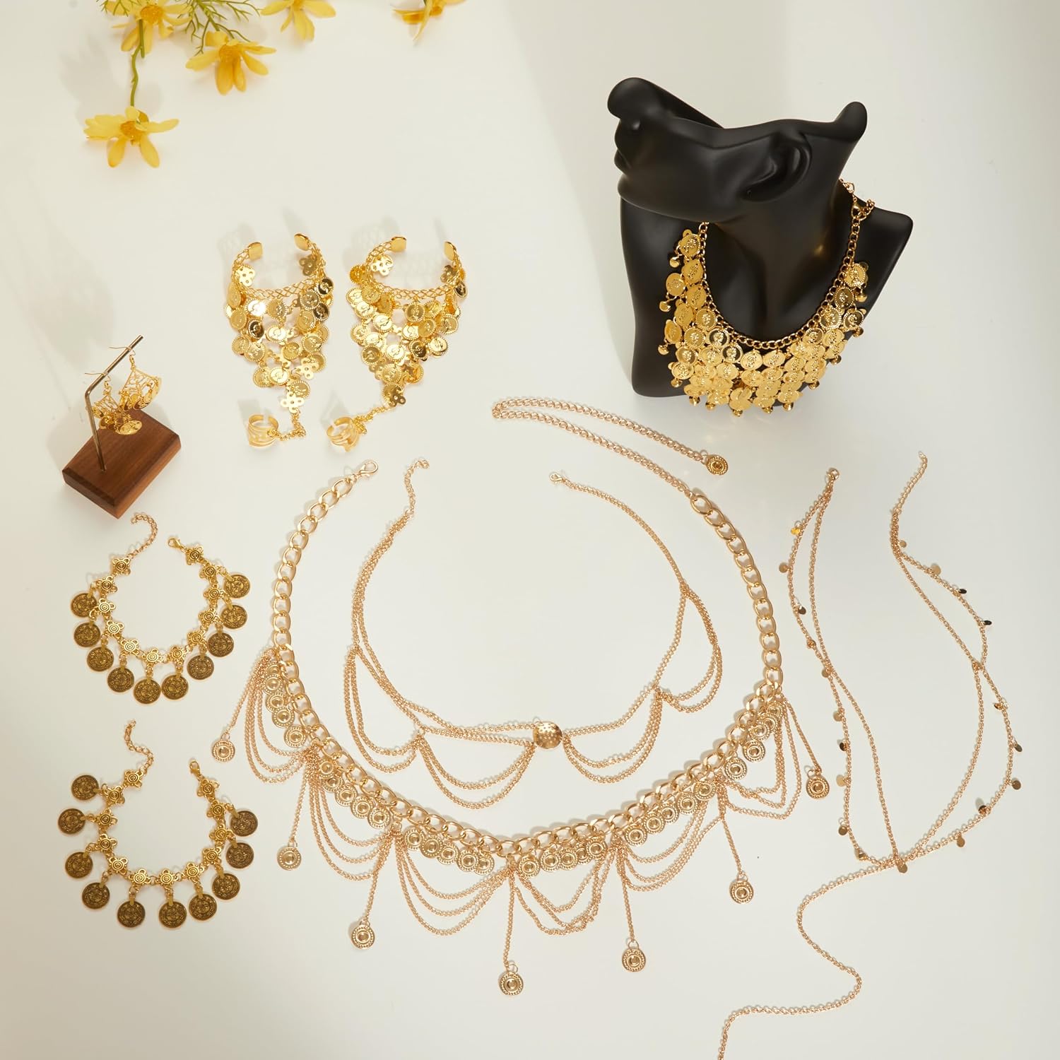 LOFITOR 10 Pcs Belly Dance Jewelry Set for Women Gold Plated Sequins Head Chains Vintage Coins Veil Necklace Boho Earrings Bracelets Anklet Indian Style Body Dance Play Accessories Halloween Carnival Cosplay