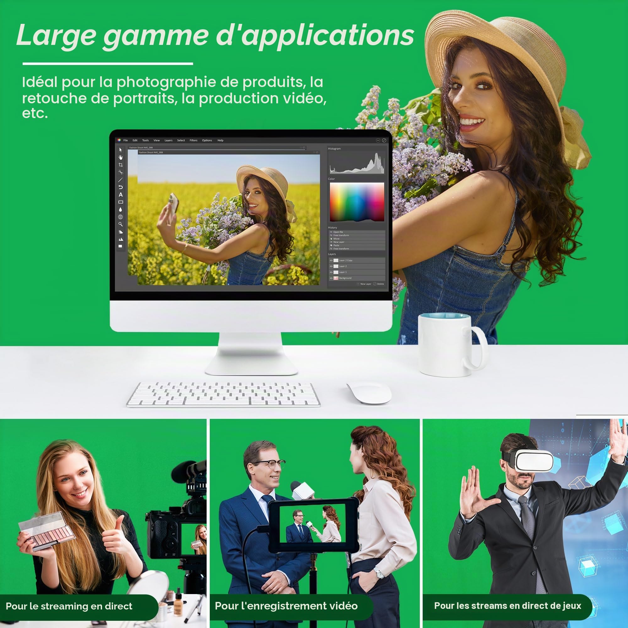 Kavier Fond Vert avec Support 2x1,5m Kit de Studio avec Double Barre Transversale pour Stabilité Maximale – Écran Chroma Key Pliable pour Streaming, Gaming & Réunions en Ligne