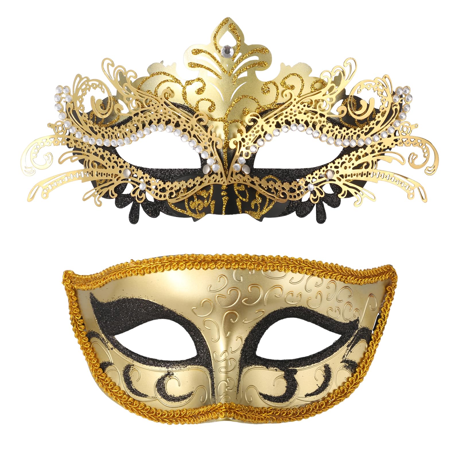 Oidea Masquerade Mask for Couples: Sparkling Rhinestone Metal Filigree Eyelashes Decoration Venetian Party Masks Halloween Costume Mardi Gras Masks for Women and Men Gold