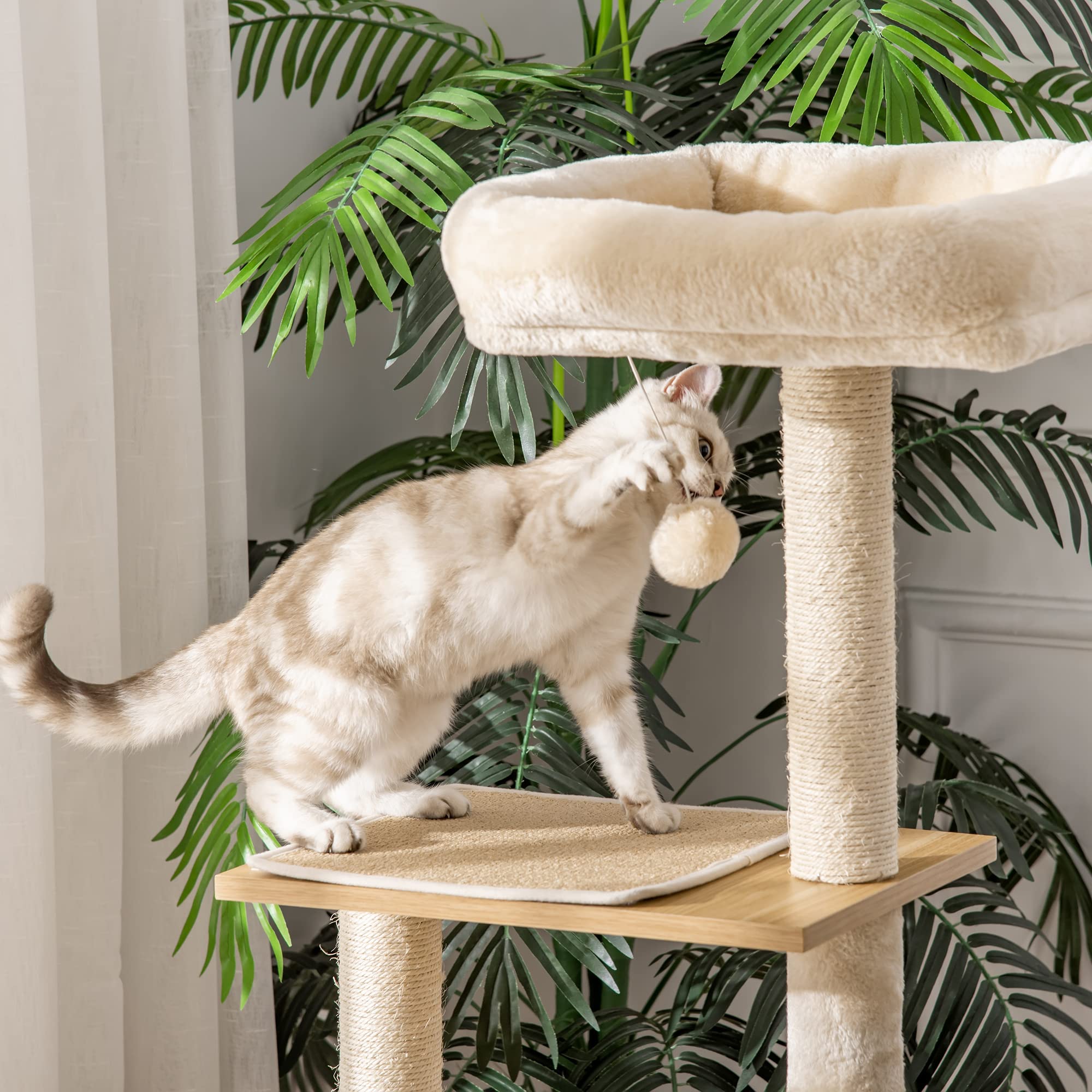 PawHut Árbol Rascador para Gatos 126 cm con Plataformas Hamaca Cueva Beige | Árbol para Gatos, Torre Escalador, Cama, Postes de Sisal, Bolas, Cojines Lavables