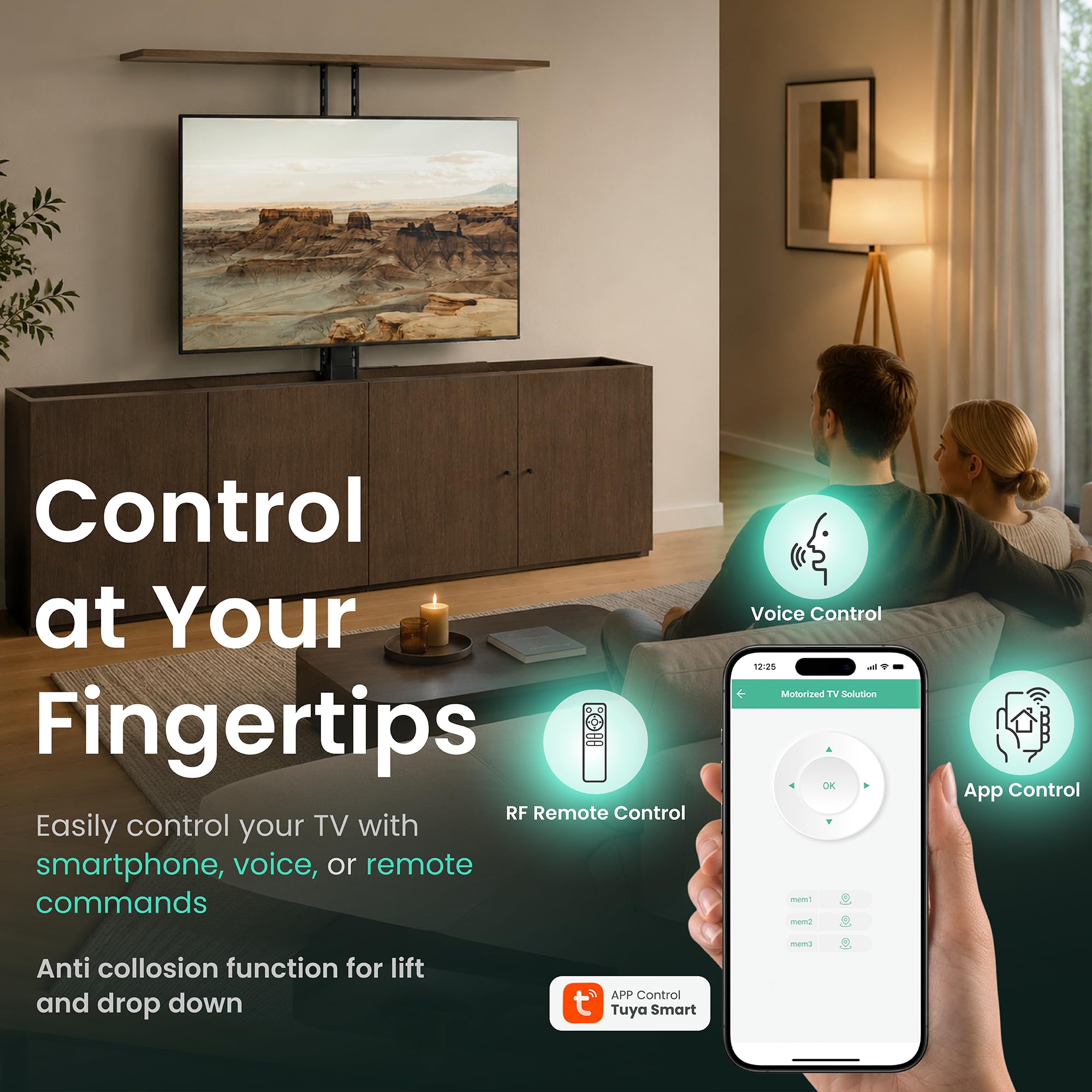 ynVISION.DESIGN Supporto motorizzato per TV da 43 a 88 pollici, distanza di viaggio da 47 pollici, telecomando RF e controllo vocale WiFi, installazione a pavimento/soffitto, max VESA 600 x 400
