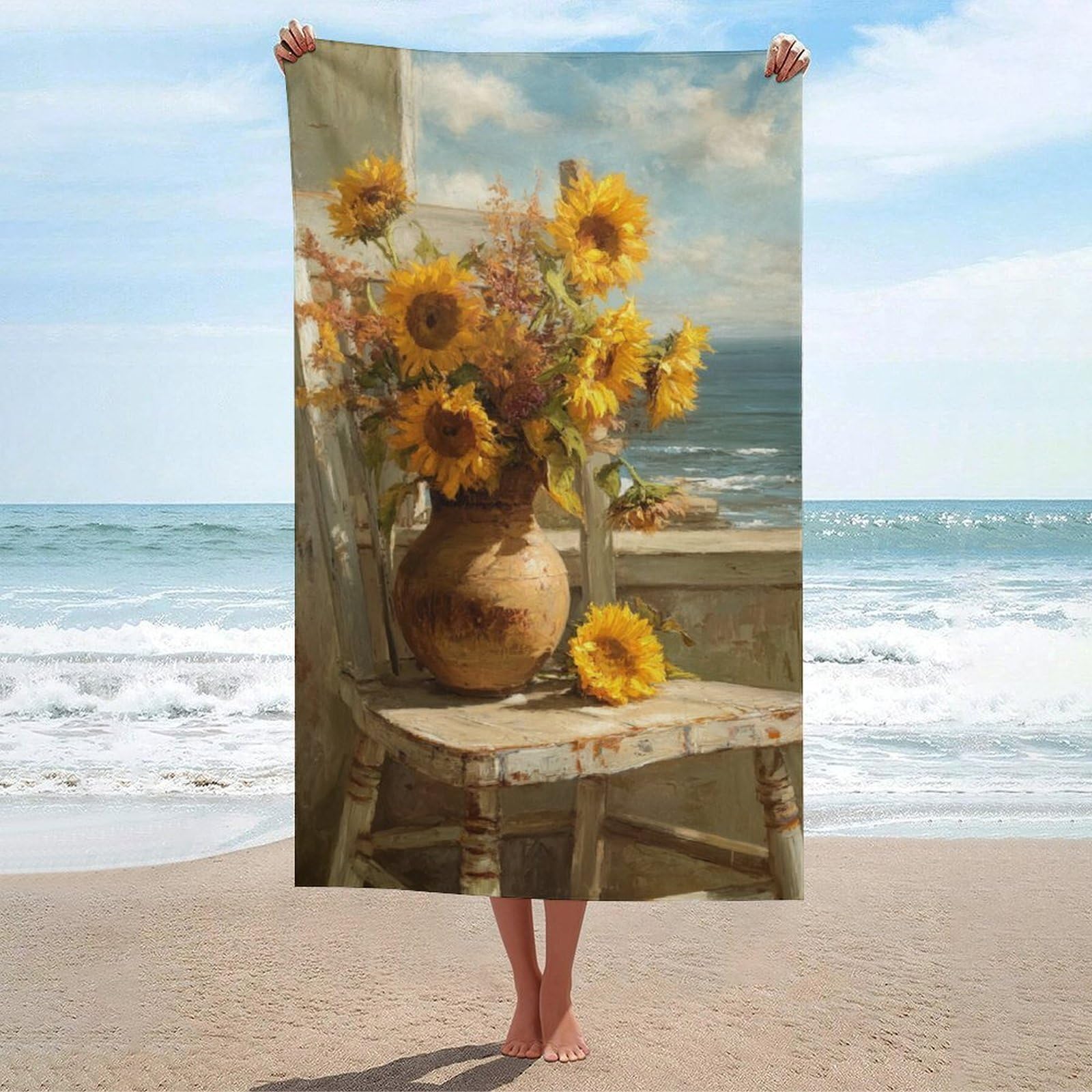asbwuo Sunflowers in Old Wooden Vase on Chair Beach Towel