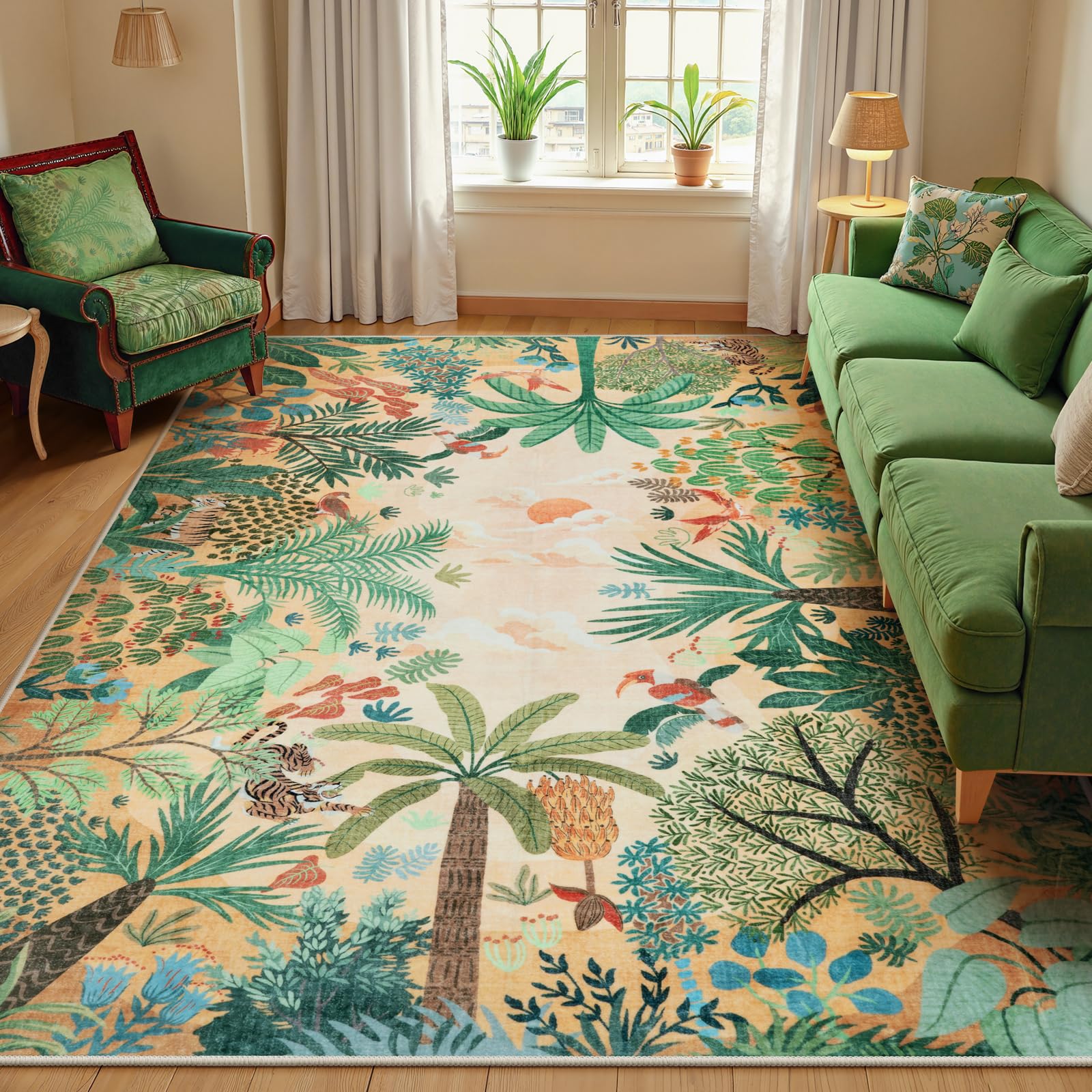 LIVEBOX Boho Jungle Animal Print 5 x 7 Area Rugs for Living Room, Soft Yellow Rug for Bedroom, Non-Slip Machine Washable Rugs for Dining Room Office,