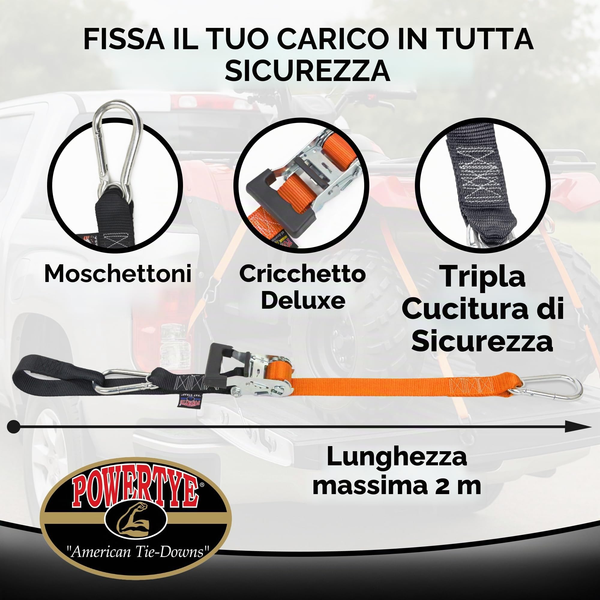 Powertye Cinghie a cricchetto resistenti da 3,8 cm x 2 m, con chiusura morbida, ganci a moschettone, limite di carico di lavoro 0,5 kg, resistenza alla rottura 1,4 kg, prodotte negli Stati Uniti