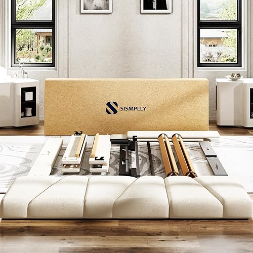 Miniatura 7 de Base de cama de plataforma de tamaño matrimonial con cabecera tapizada, soporte de listones de madera, sin ruido, no necesita somier, fácil montaje,