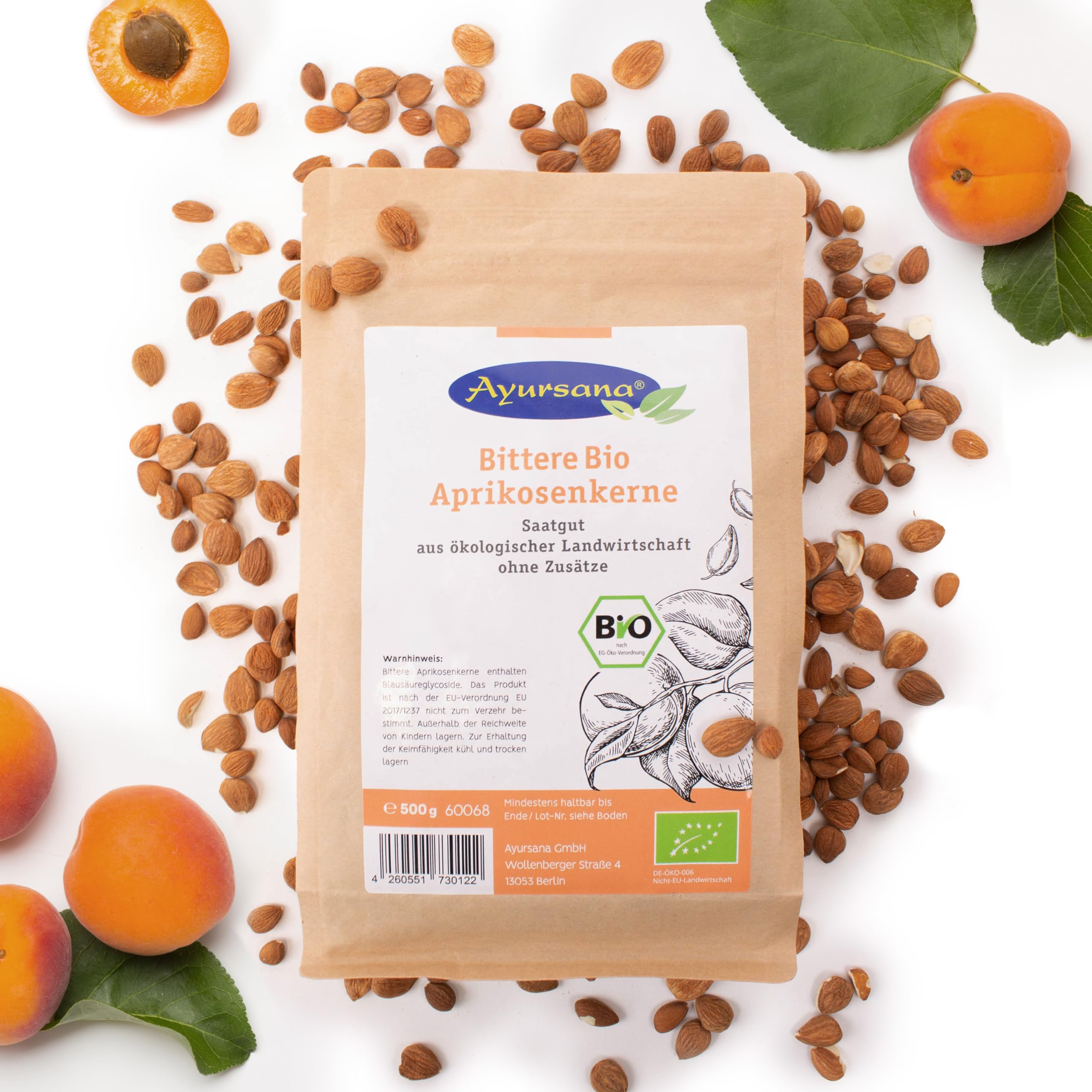 Ayursana Bittere Aprikosenkerne 3x500 g Bio-Qualität Saatgut | 3x500 g bittere Aprikosenkerne, hoher Amygdalin-Anteil, schadstoffgeprüft im deutschen Labor, Bio-Qualität