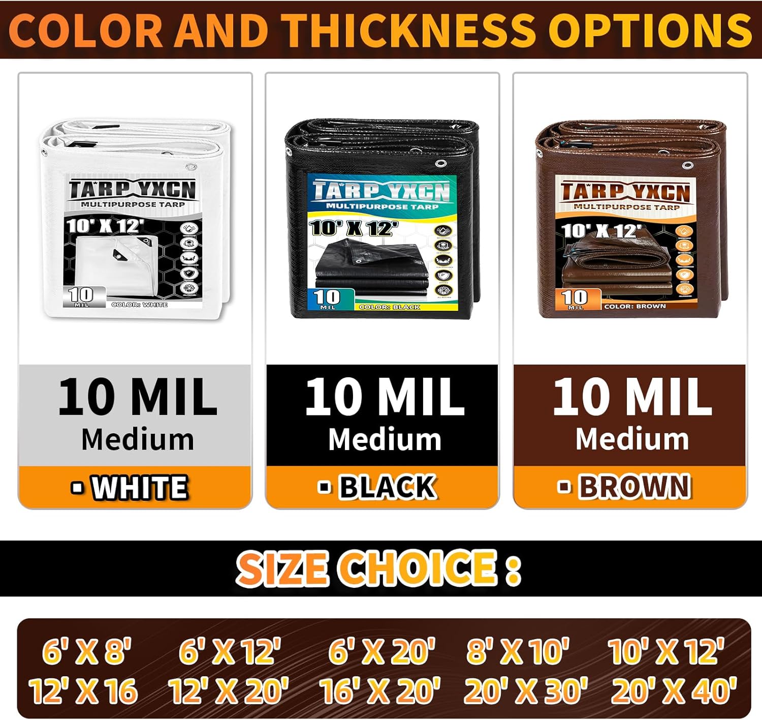 brown tarp 16x20 feet, 10 mil thick waterproof poly tarps cover uv resistant, rip & tear proof with metal grommets every 20 inches brown 16x20 ft