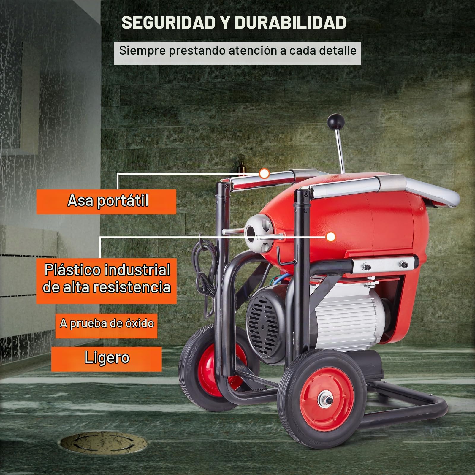 VEVOR Desbloqueador de Tuberías Eléctrico 1100 W Máquina de Limpieza de Tuberías 36,6 m x 3 cm Limpiador Manual de Tubos de Drenaje con 6 Cortadores, Control CW/CCW para Tuberías de 10-20,3 cm