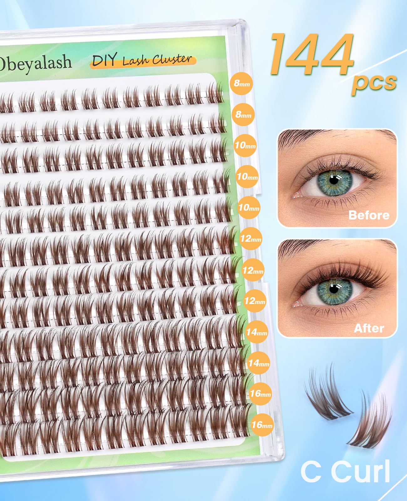 Obeyalash Sztuczne rzęsy brązowe rzęsy - zestaw do przedłużania rzęs 144 szt. brązowe lash klaster zestaw C Curl Clear Band Cluster Lashes Natural With Bond and Seal 8-16 mm DIY at Home (FD29)