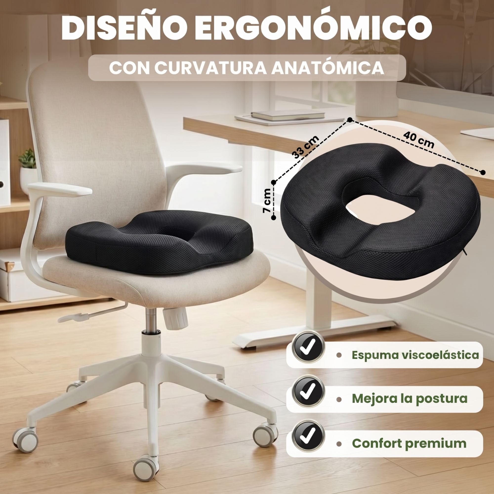 Cojín Ergonómico Viscoelástico de Coxis con Forma de Dónut – Ideal para Silla de Oficina, Coche y Teletrabajo en Jornadas Largas – Funda Transpirable Extraíble y Lavable a Máquina