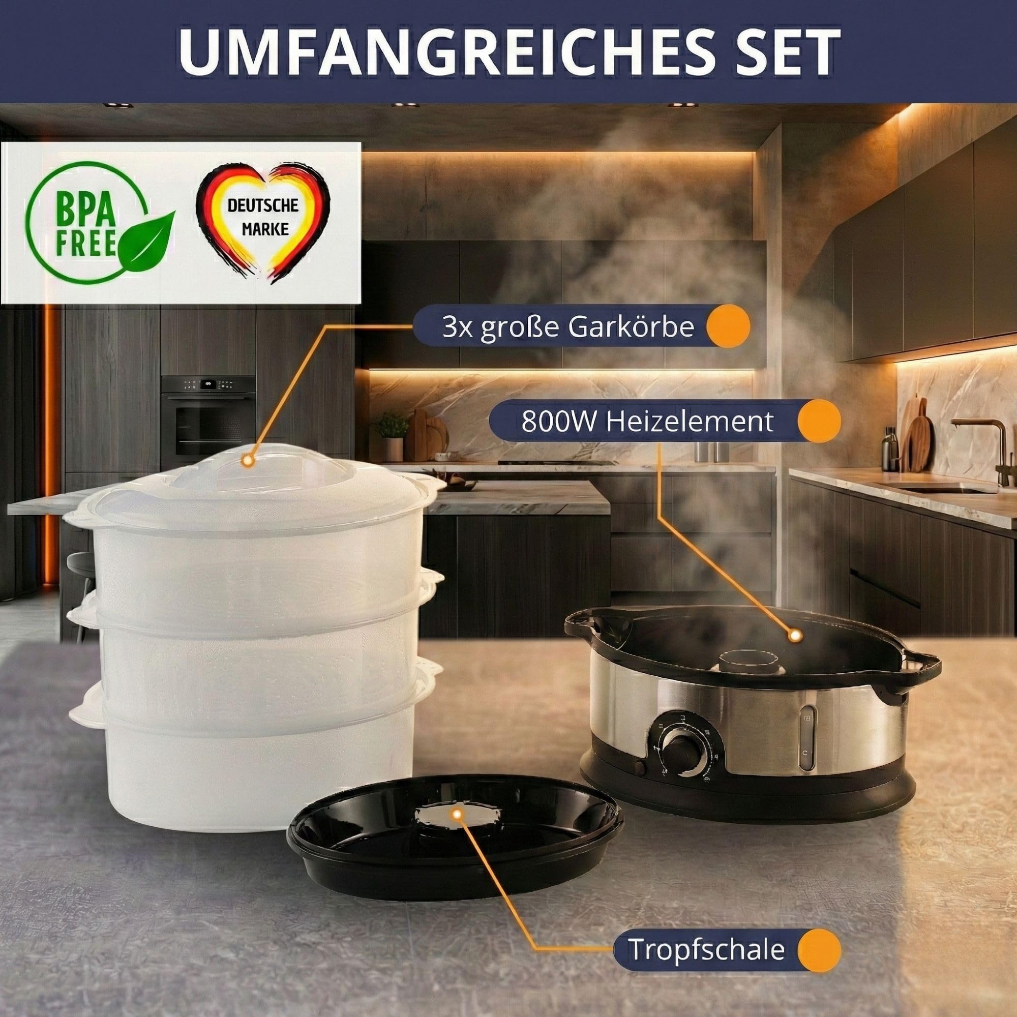 Sommertal Steamy800 Ammortizzatore 800 W 3 strati pentola senza BPA regolabile 0-60 min. Lavabile in lavastoviglie in plastica