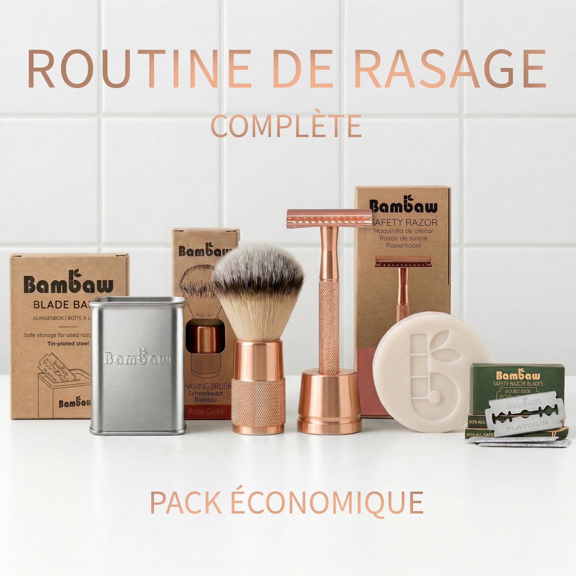 Bambaw Rasoir de Securite Femme en Métal avec 5 Lames de Rechange en Acier inoxydable Suédois, Rasoir Manuel Femme pour un Rasage Net et Lisse, Durable et Facile à Utiliser (Or Rose)