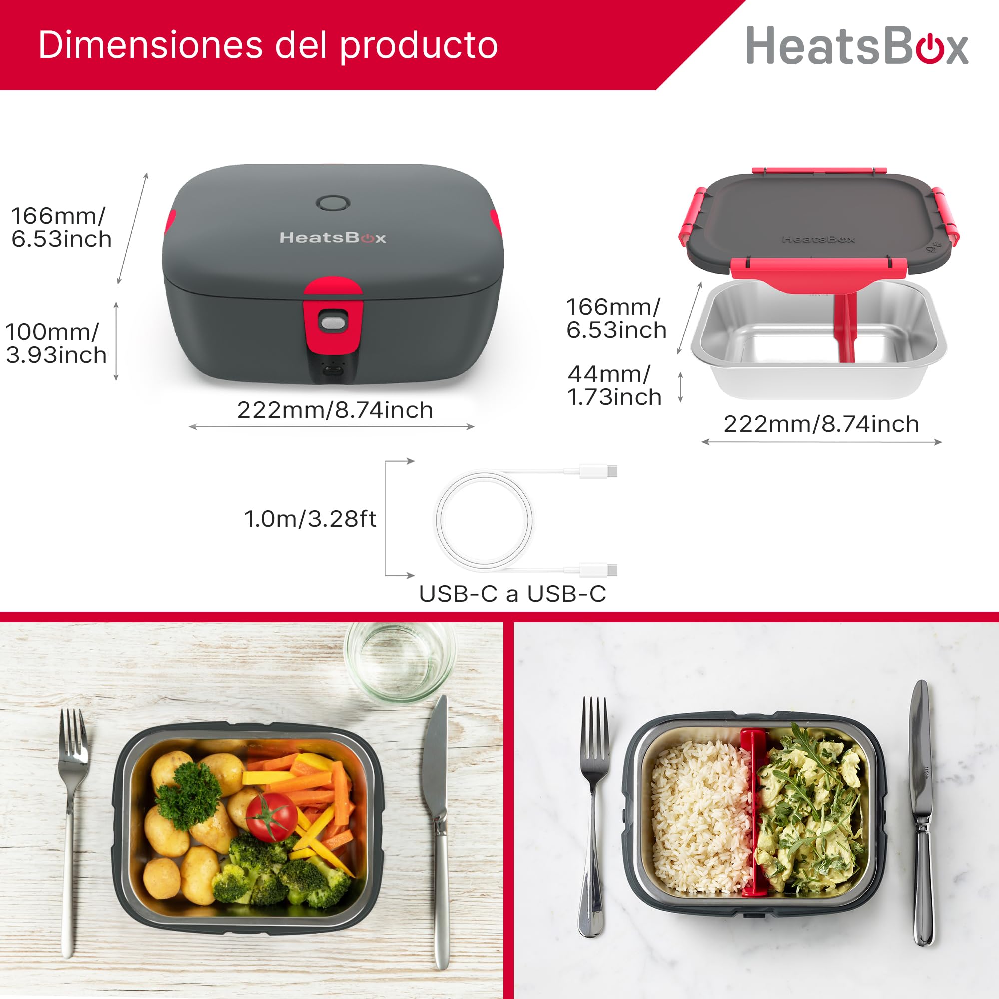 Faitron HeatsBox Go - Fiambrera Eléctrica para Calentar Alimentos sin BPA, Con Aplicación Controlable, Batería Integrada, Fiambrera Termica de Acero Inoxidable a Prueba de Fugas (925 ml), 100 W