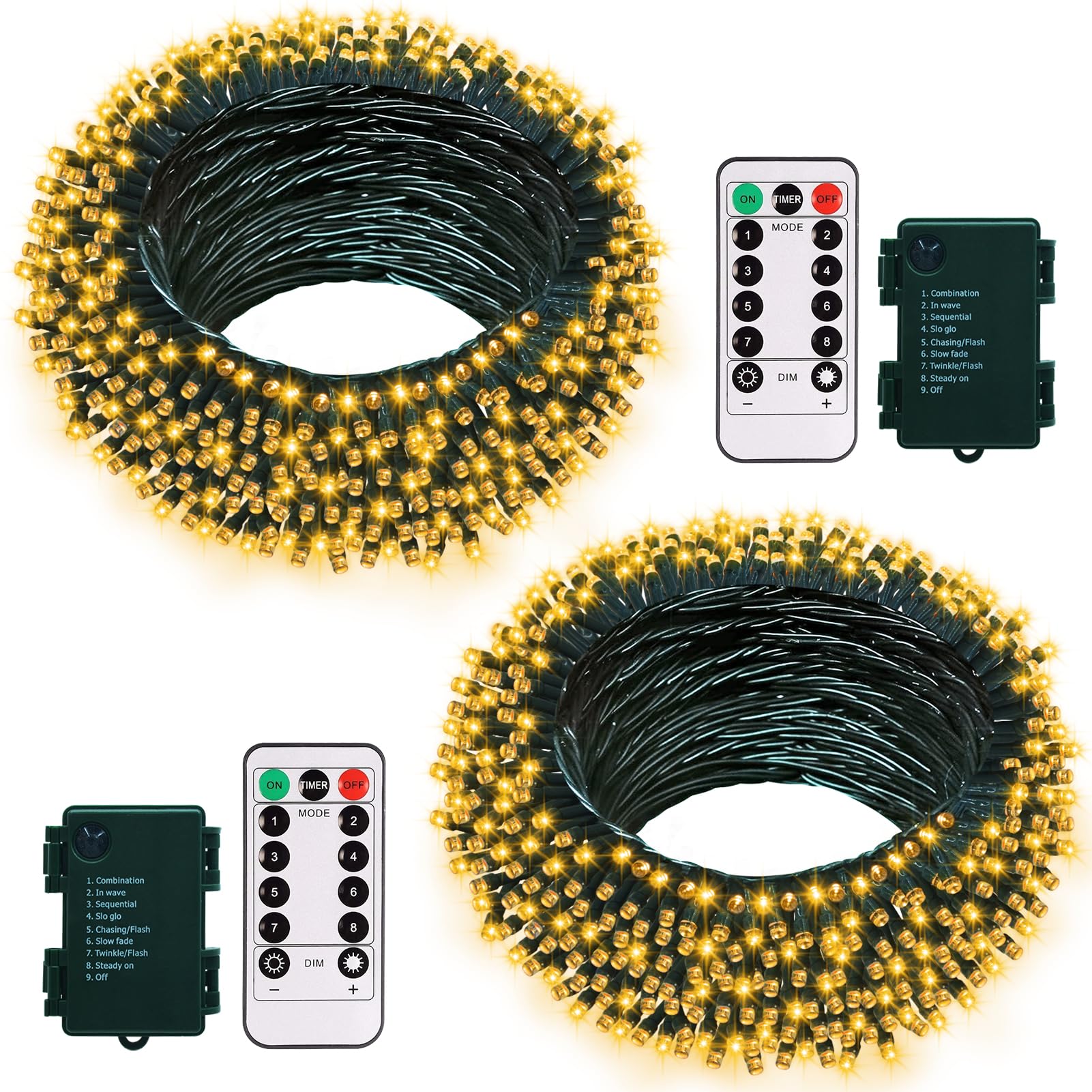 2 Pack Christmas String Lights Battery Operated, 33Ft 100 LED Fairy Lights Waterproof Green Wire Wreath lights Tree Lights with Remote 8 Modes Timer for Bderoom Wedding Decoration (Warm White)