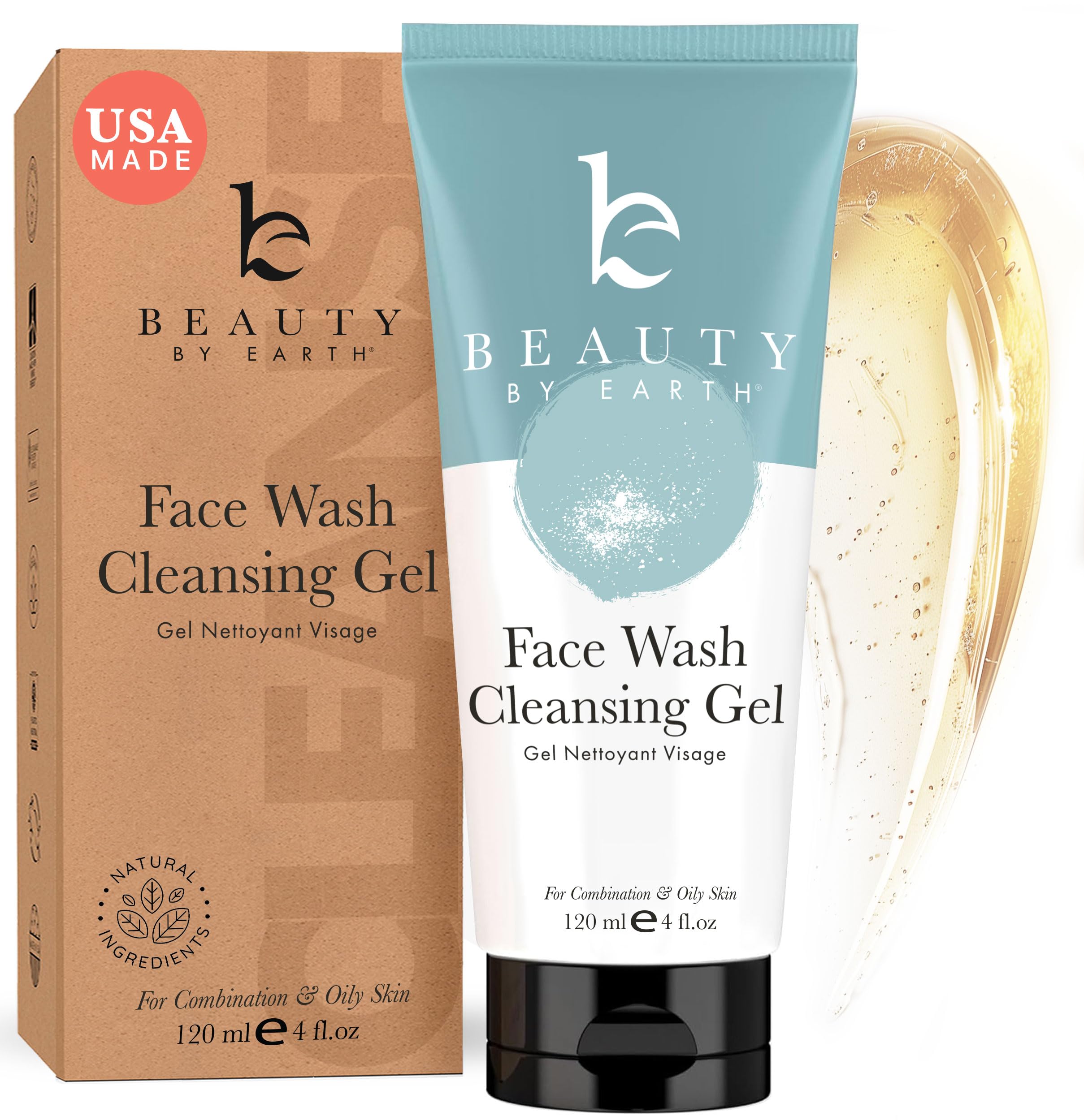 Beauty By Earth Limpiador facial - orgánicos y naturales del gel diario lavado de cara anti envejecimiento, mejor para los hombres y de las mujeres, se puede usar con cepillo