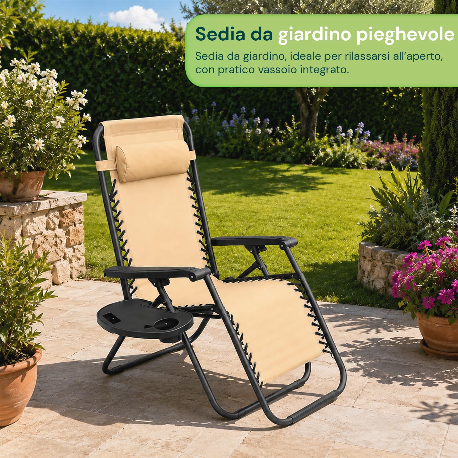 Avilia - Sedia da Giardino Pieghevole con Vassoio Laterale Portabevande – Ferro, Seduta Teslin, 120 kg | Sedia Giardino Pieghevole Reclinabile, L65×P87/176×A108/80 cm, Facile da Pulire