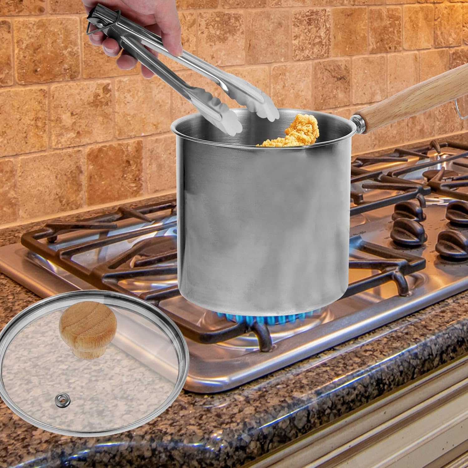 Stainless Steel Deep Fry Pot with Food Tong and Heat Resistant Handle 10.51X4.92X4.92 Inch for Breakfast Milk Heating Deep Frying and Home Cooking