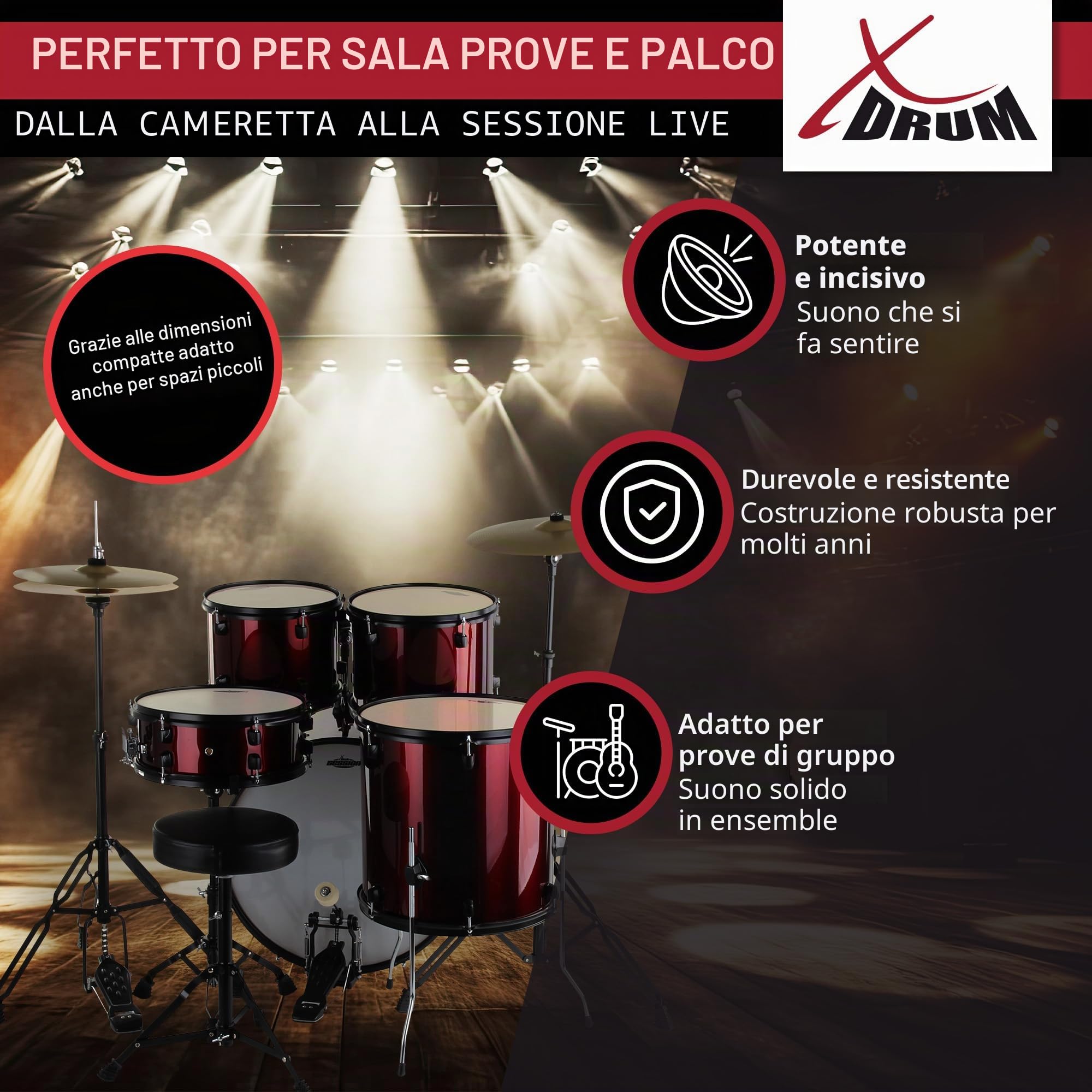 XDrum Rookie 20" Studio Batteria Rosso più Set Smorzatori, 14" TT | Fusti in pioppo acusticamente pregiato con pellicola speciale, Hardware nero a doppio supporto a 5 pezzi, 14" TT, 14" SD