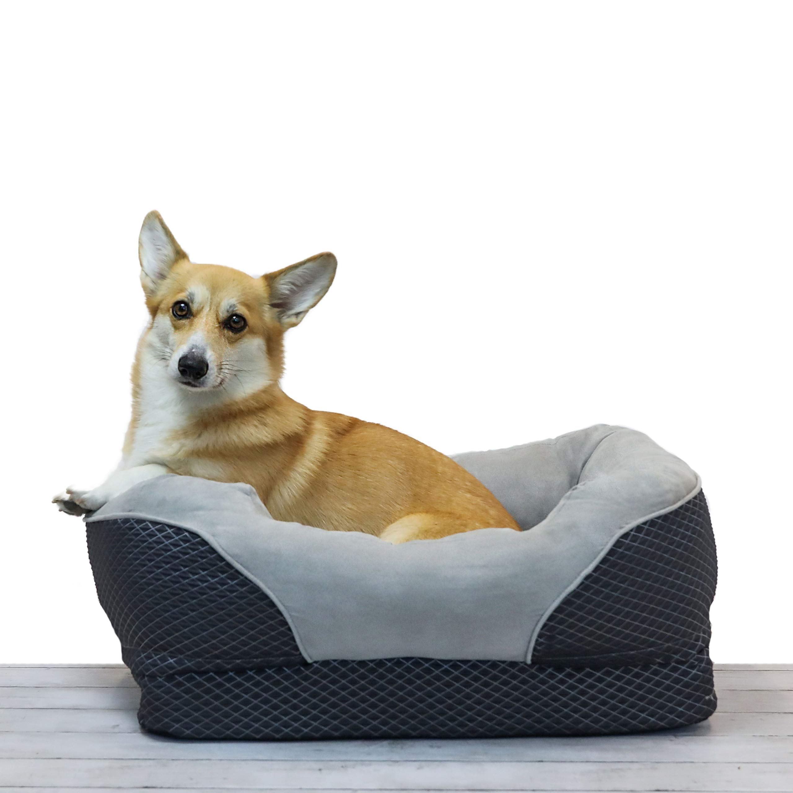 BarksBarSnuggly Sleeper Diamond Orthopedic Dog Bed Cat Bed with Foam Mattress, Plush Sleeping Space, and Soft Cotton Bolster Pillow, Small 26 x 20 Inches, Gray