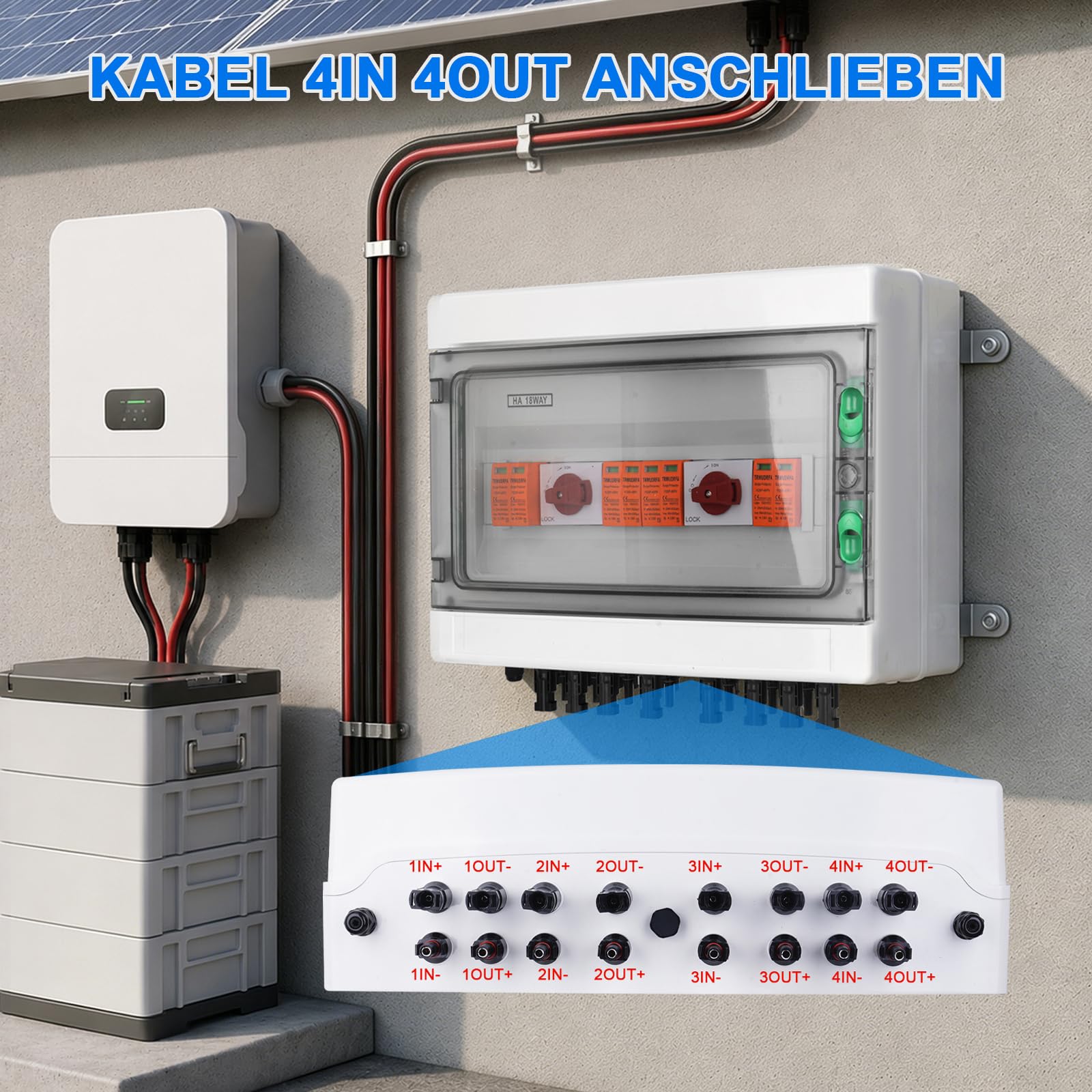Überspannungsschutz PV 1200V 32A DC Trennschalter 4 in 4 out，Photovoltaik Anschlussdose mit 2 4P Drehmoment Leistungsschalter, 4 2P ÜA，Blitzschutz, Solar PV Anschlusskasten für PV Anlage