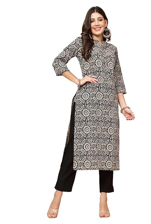 Pistaa’s Women’s Pure Cotton Regular Fit A Line Printed A-Line Regular Kurta – Ink Black