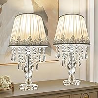 Siljoy Crystal Table Lamps Set of 2: Dimmable Bedside Nightstand Lamps with K9 Crystal Strands & Fabric Shades, Farmhouse Style 22.8" High for Bedroom Living Room